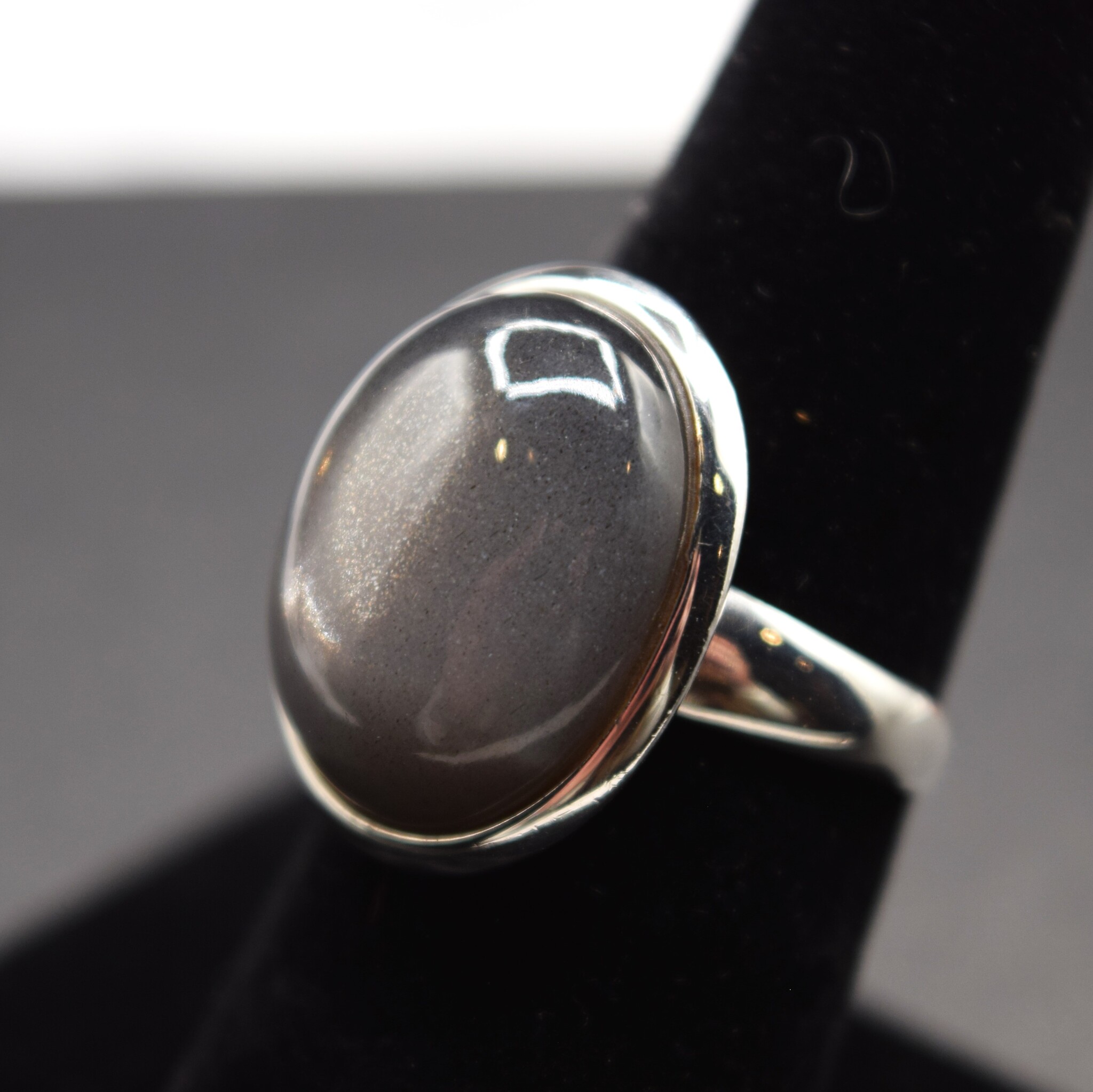 ZEI 004 SS Black Moonstone 15mm x 18mm Oval Cab Bezel-Set Ring, sz. 7