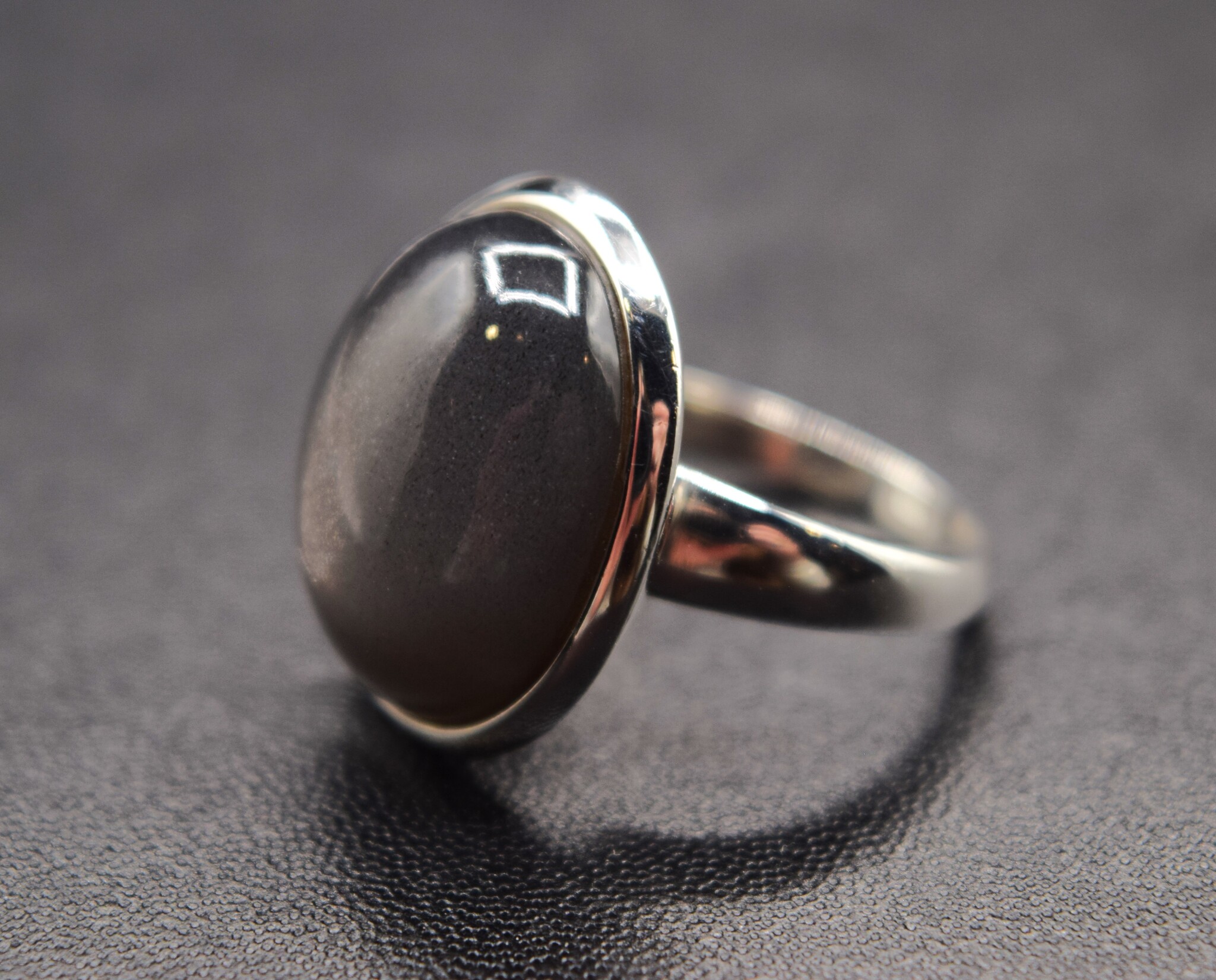 ZEI 004 SS Black Moonstone 15mm x 18mm Oval Cab Bezel-Set Ring, sz. 7