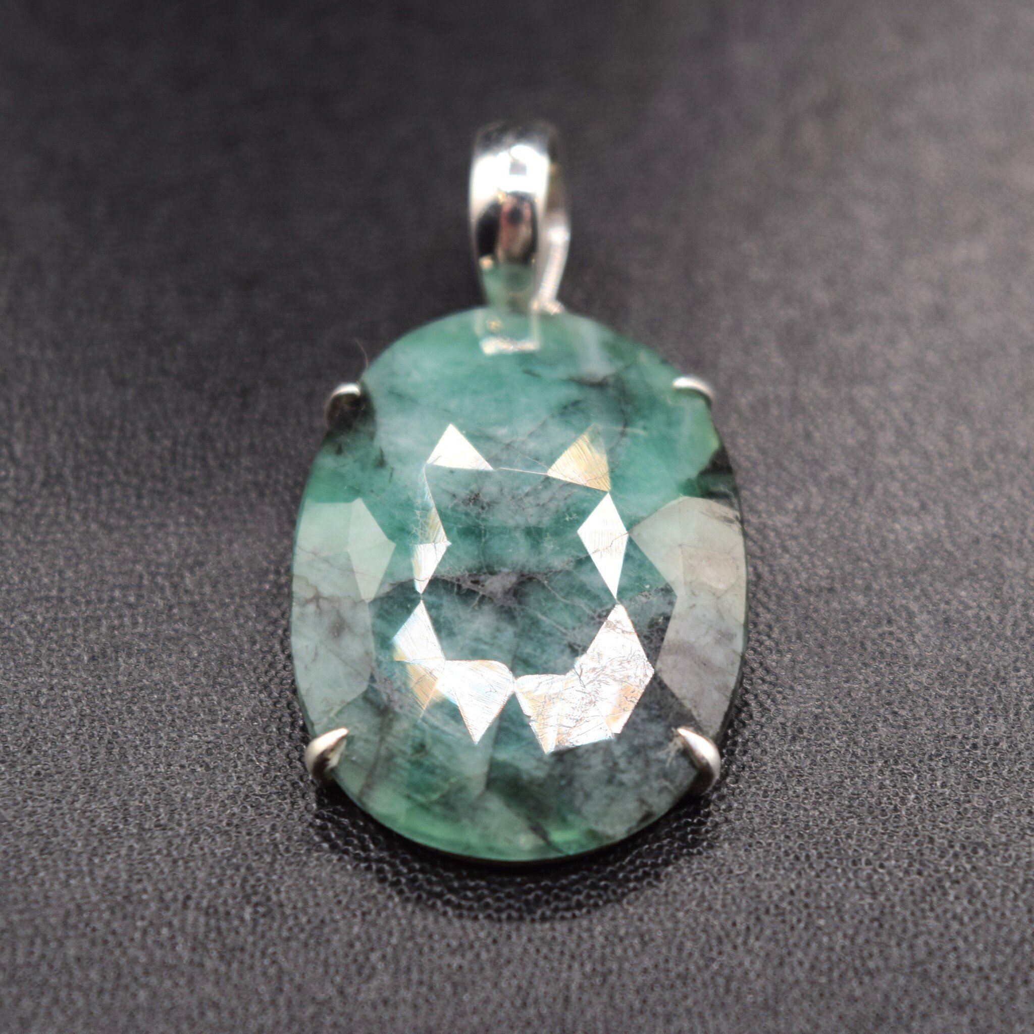 SAF 006 SS Emerald Faceted 19x27mm Oval Rose Cut Prong Set Pendant