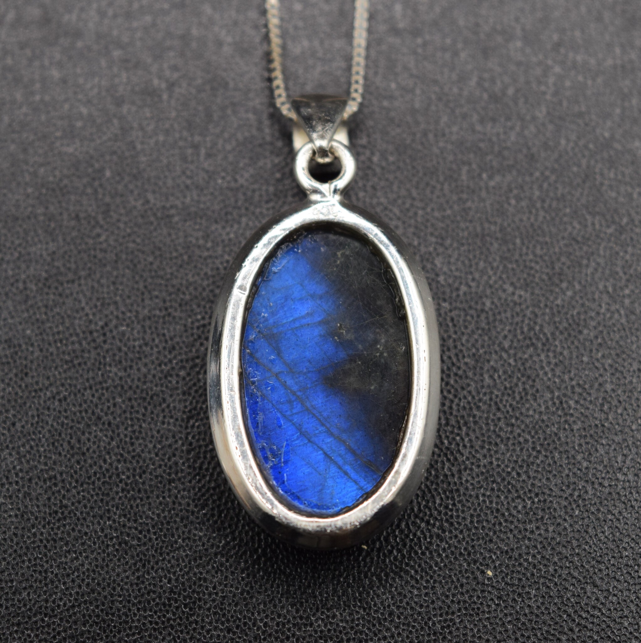 BLB 066 SS Labradorite 15x26mm Oval Cabochon Bezel Set Pendant With Box Chain Necklace, 18"