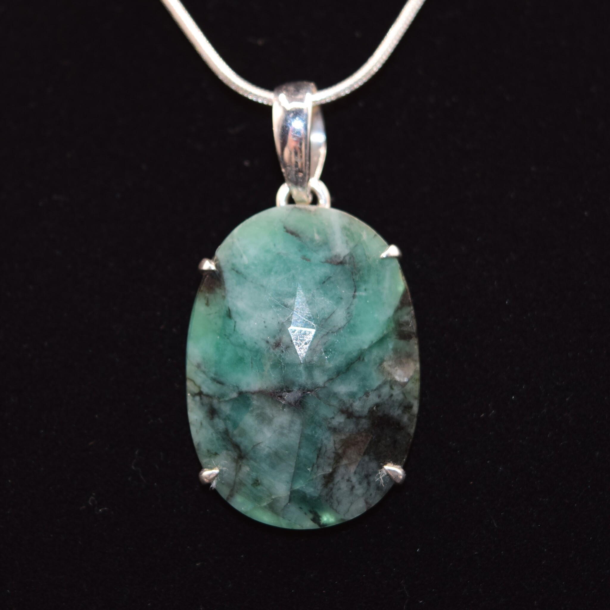 SAF 006 SS Emerald Faceted 19x27mm Oval Rose Cut Prong Set Pendant