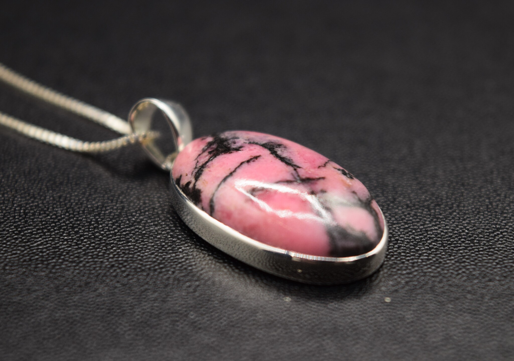 SS Rhodonite Oval 26x15mm Open Back Bezel Set Pendant With Box Chain Necklace, 18"