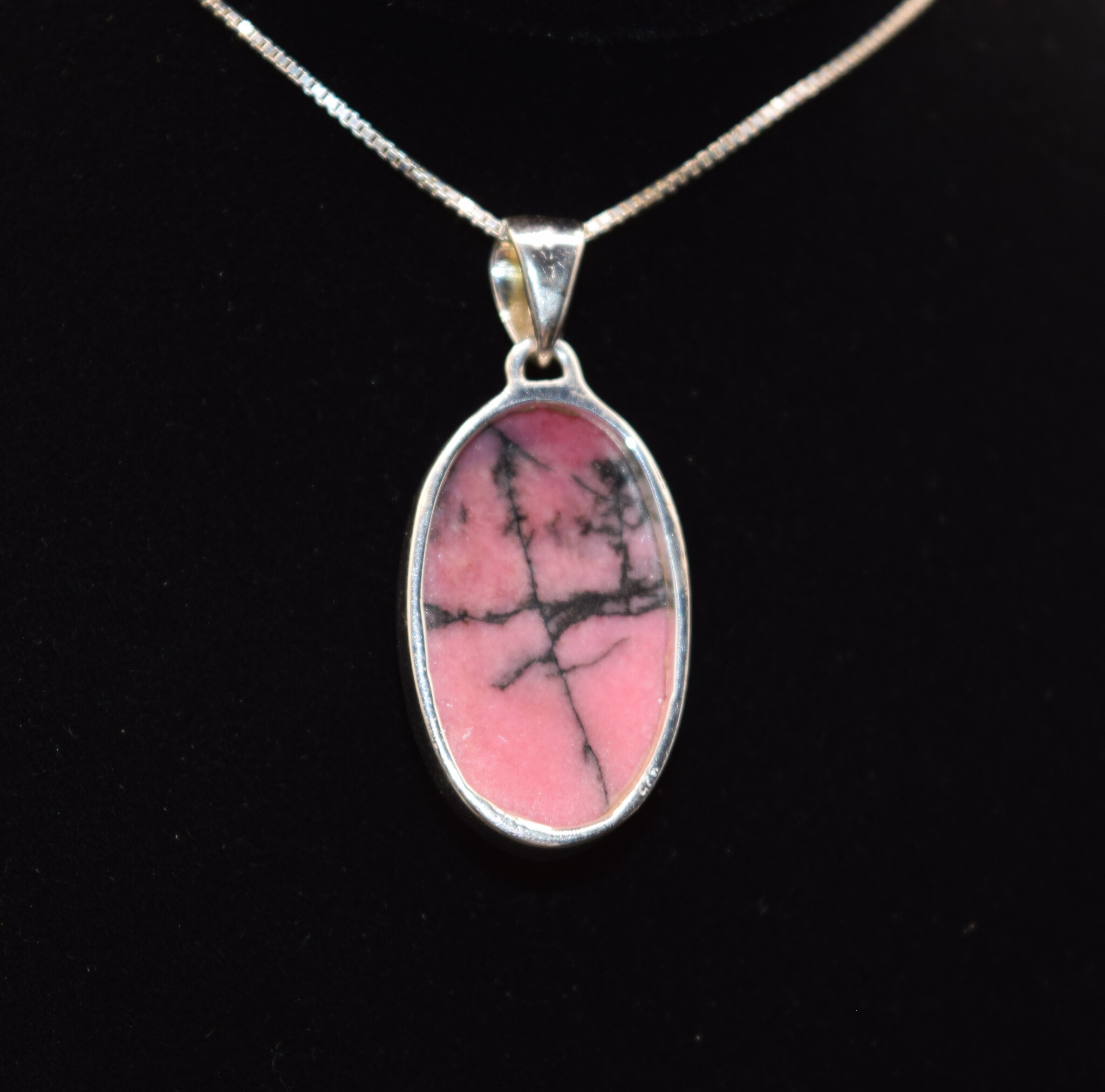 SS Rhodonite Oval 26x15mm Open Back Bezel Set Pendant With Box Chain Necklace, 18"