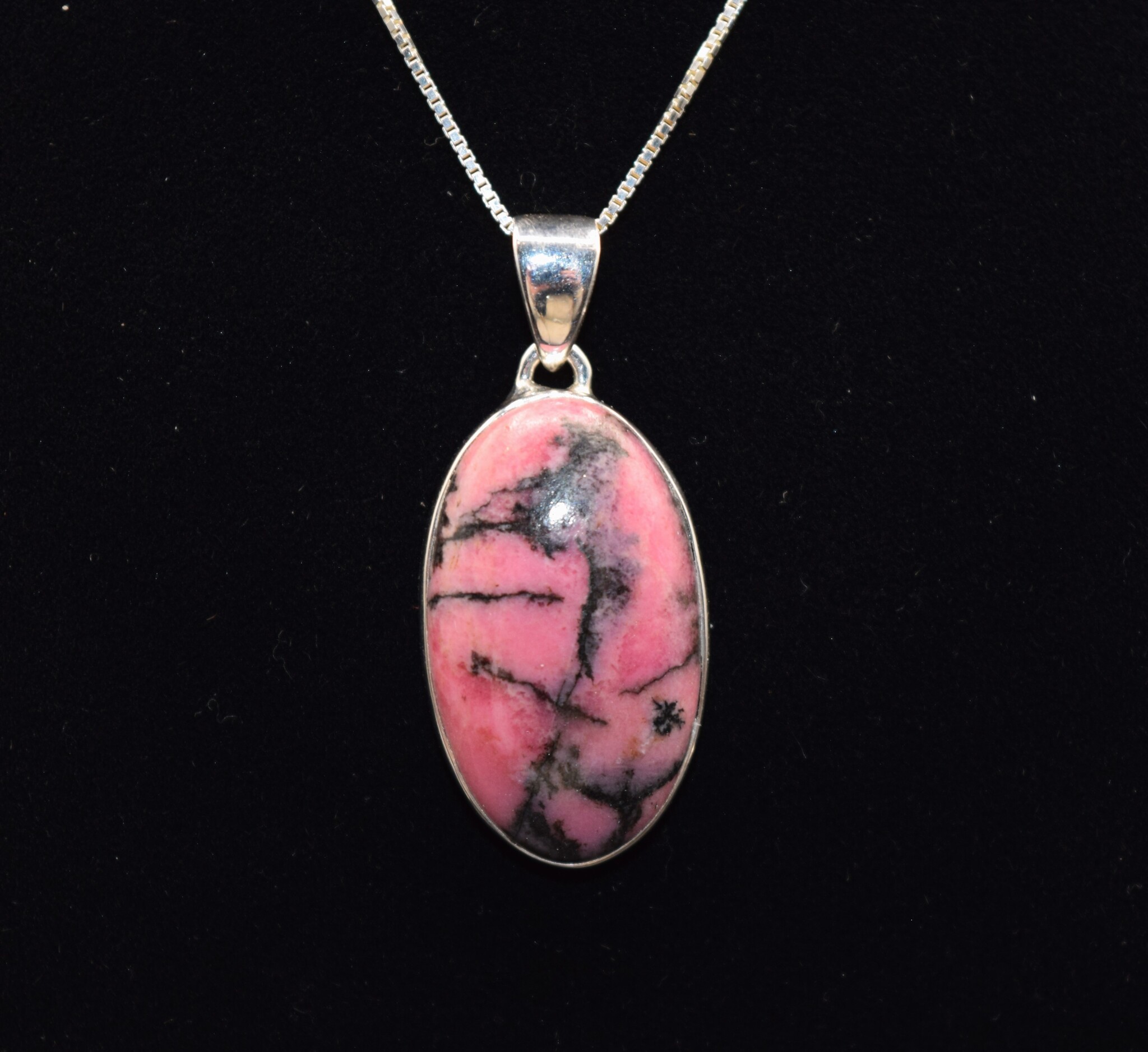 SS Rhodonite Oval 26x15mm Open Back Bezel Set Pendant With Box Chain Necklace, 18"