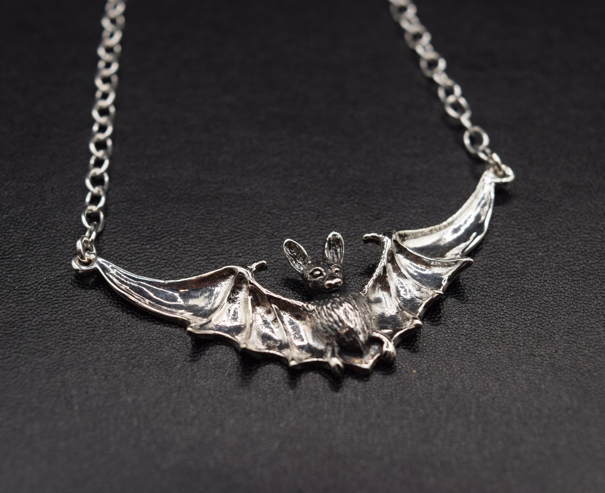 GDS 035 SS Bat with Open Wings (51mm Wingspan) 3mm Rolo Chain Necklace, 18" Adjustable chain