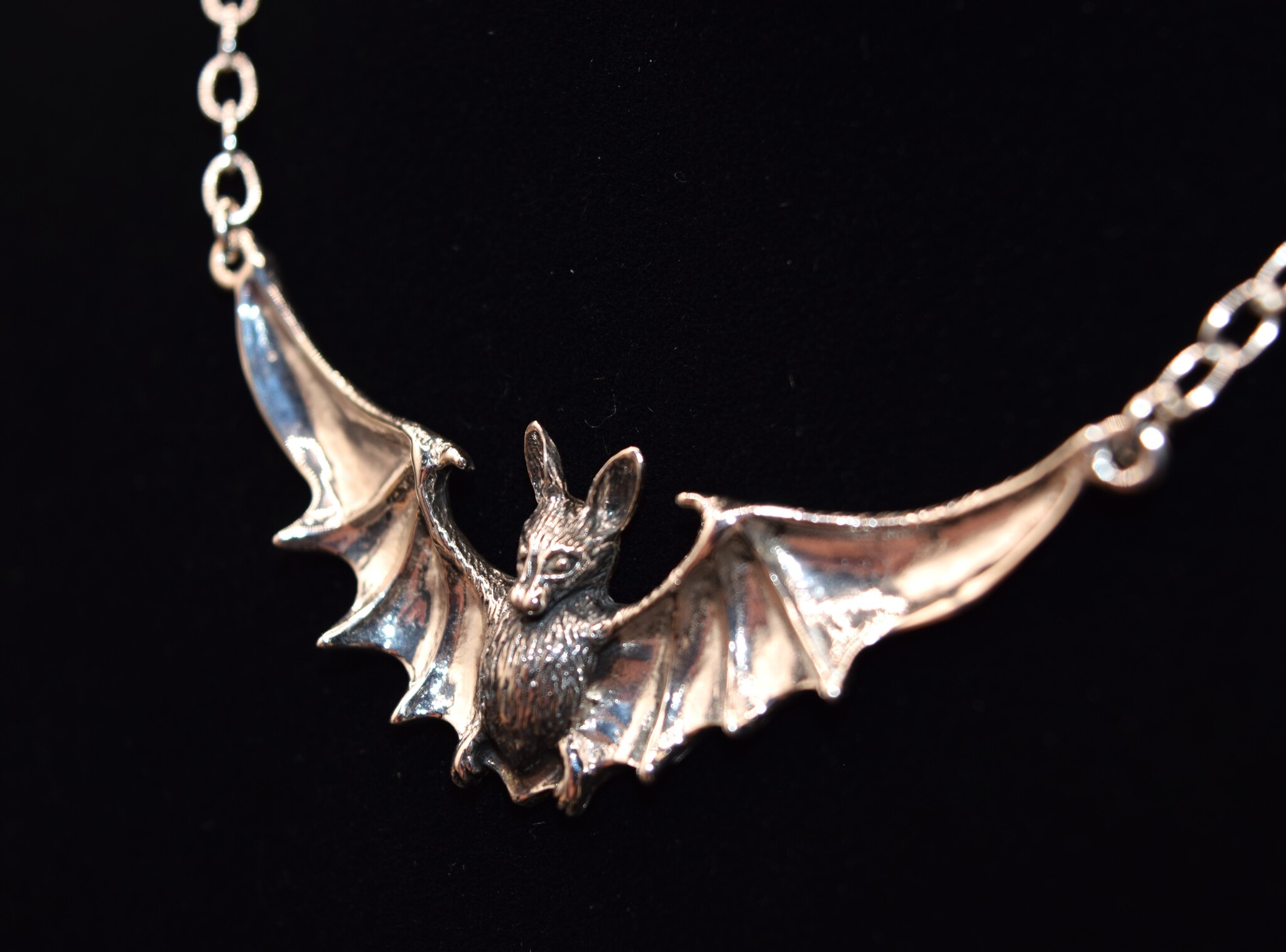 GDS 035 SS Bat with Open Wings (51mm Wingspan) 3mm Rolo Chain Necklace, 18" Adjustable chain