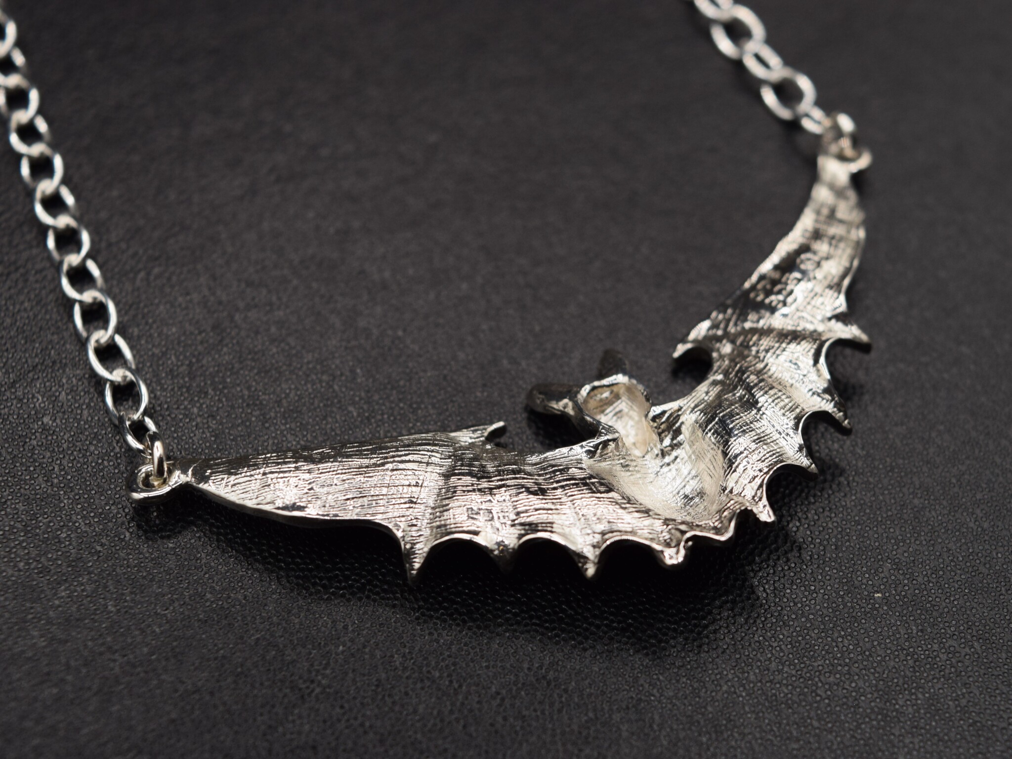 GDS 035 SS Bat with Open Wings (51mm Wingspan) 3mm Rolo Chain Necklace, 18" Adjustable chain