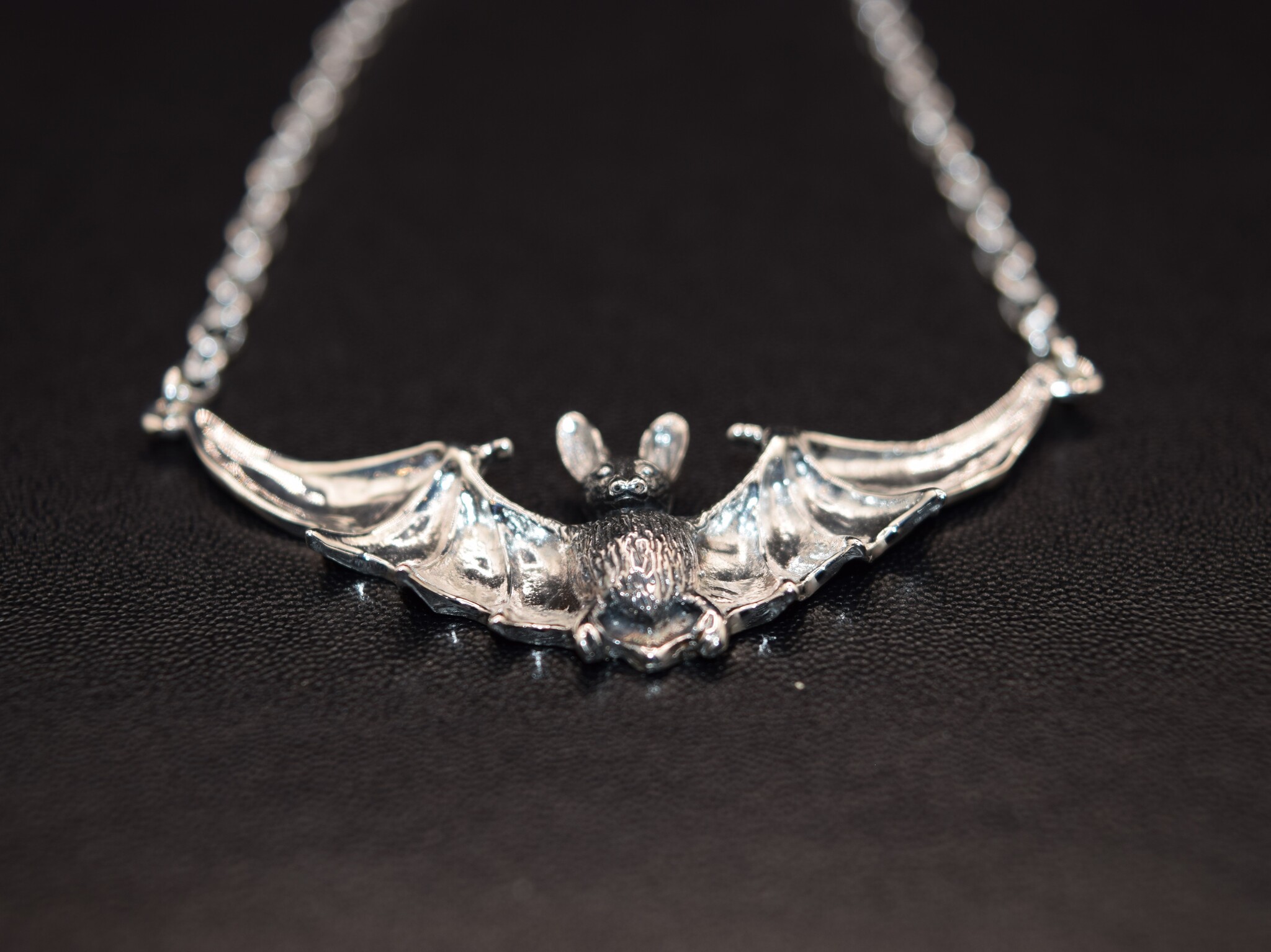 GDS 035 SS Bat with Open Wings (51mm Wingspan) 3mm Rolo Chain Necklace, 18" Adjustable chain