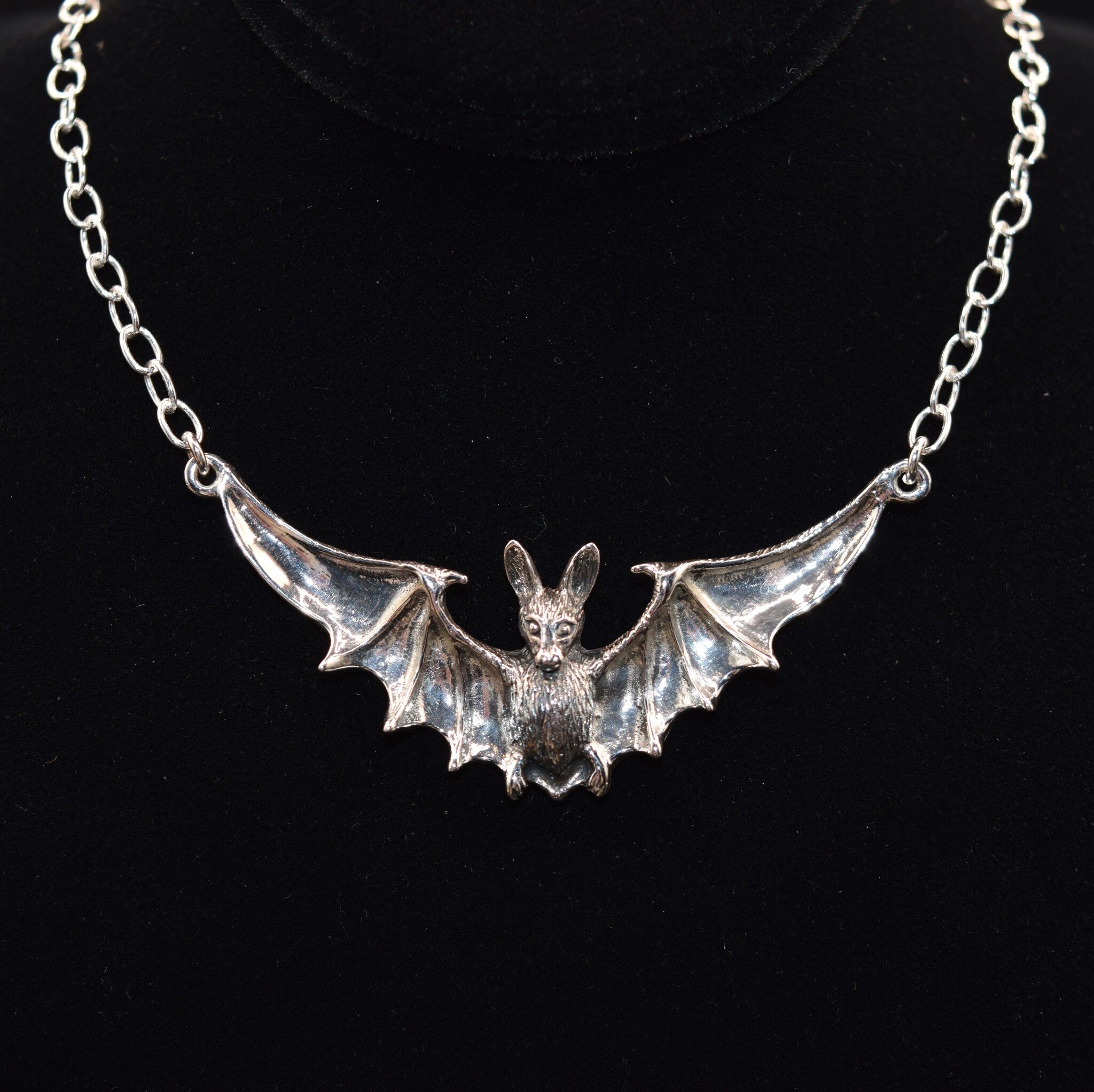 GDS 035 SS Bat with Open Wings (51mm Wingspan) 3mm Rolo Chain Necklace, 18" Adjustable chain