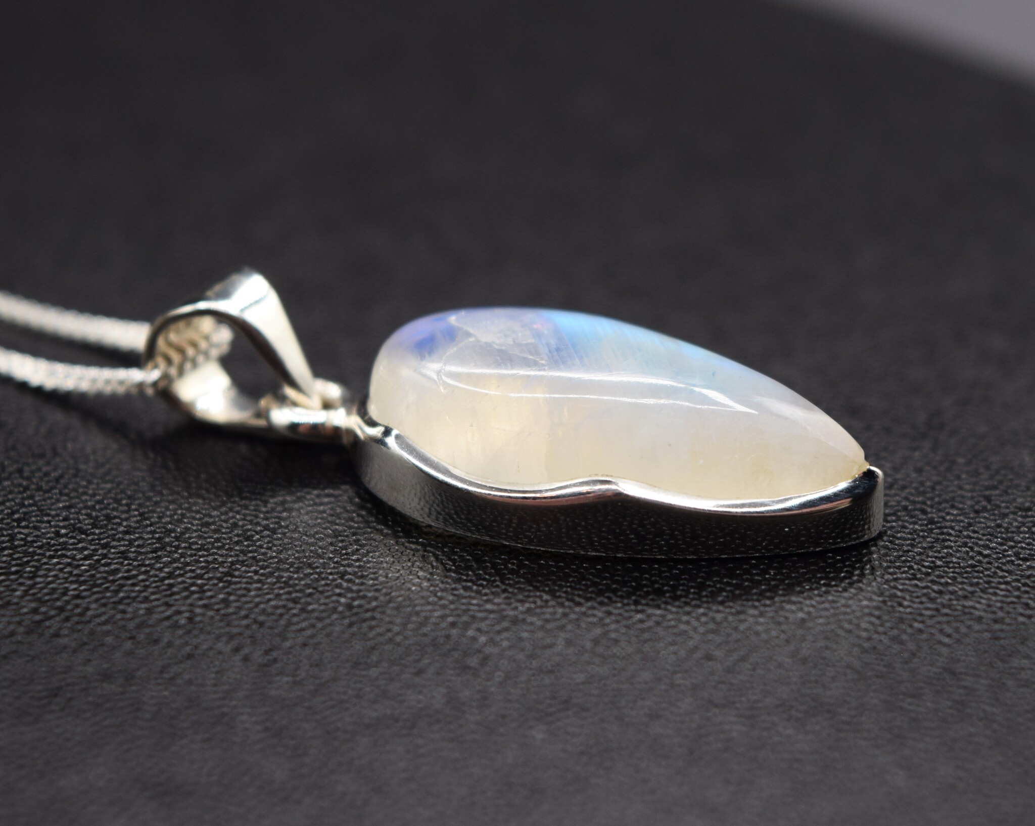 VIT 005 SS Rainbow Moonstone 24mm Pear Cab Bezel Set Necklace 18"