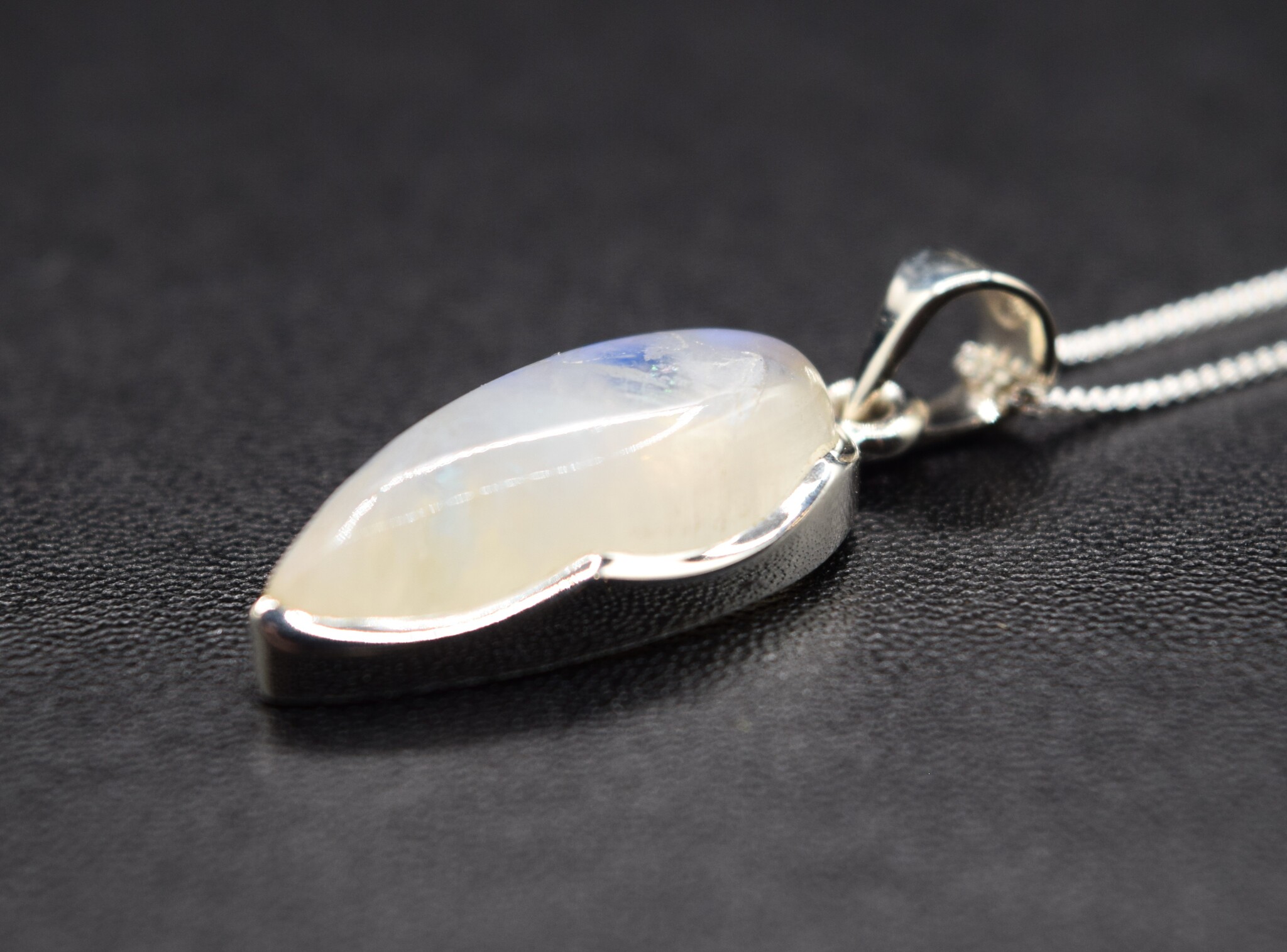 VIT 005 SS Rainbow Moonstone 24mm Pear Cab Bezel Set Necklace 18"