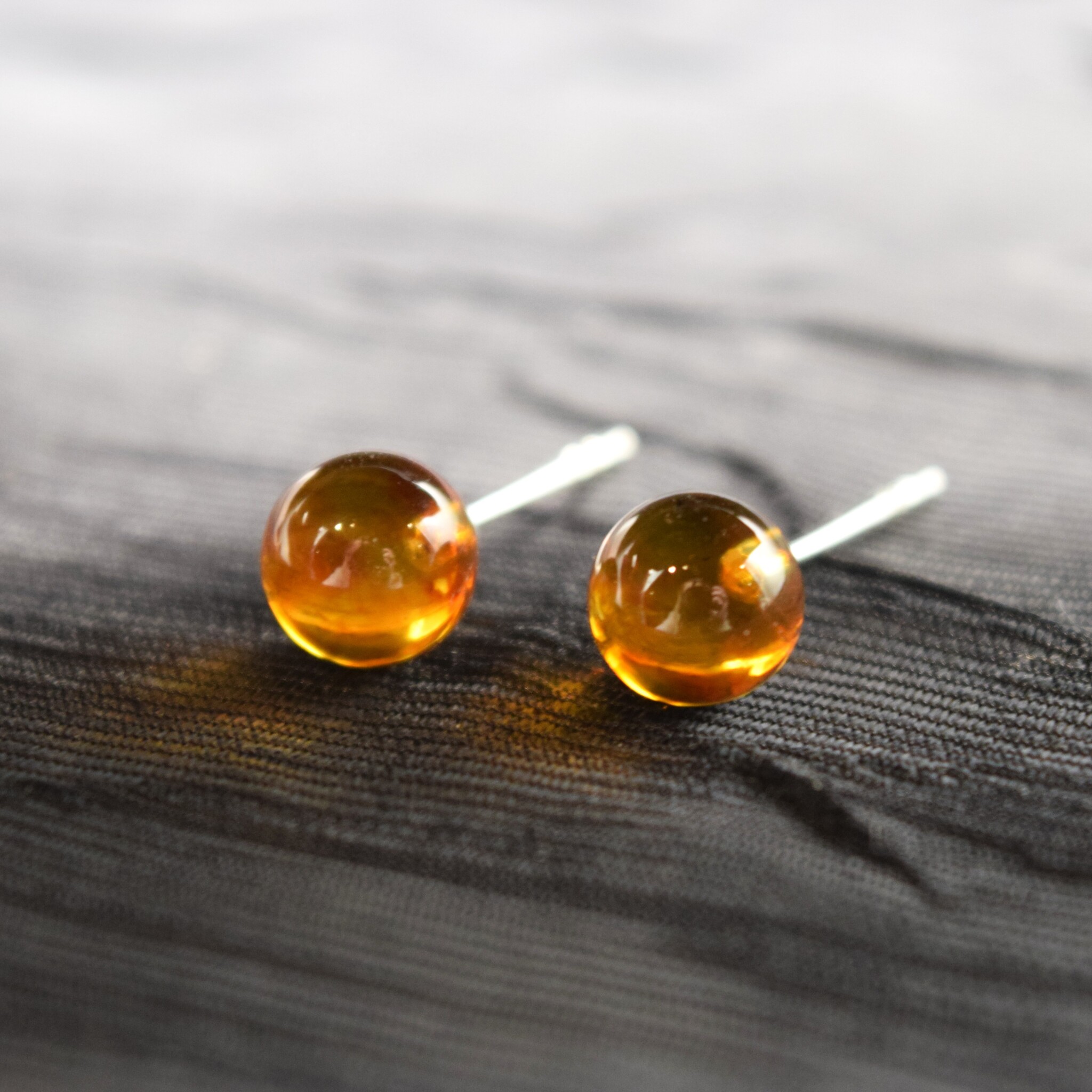 SS Amber Round Drilled Sphere 7mm Stud Earrings