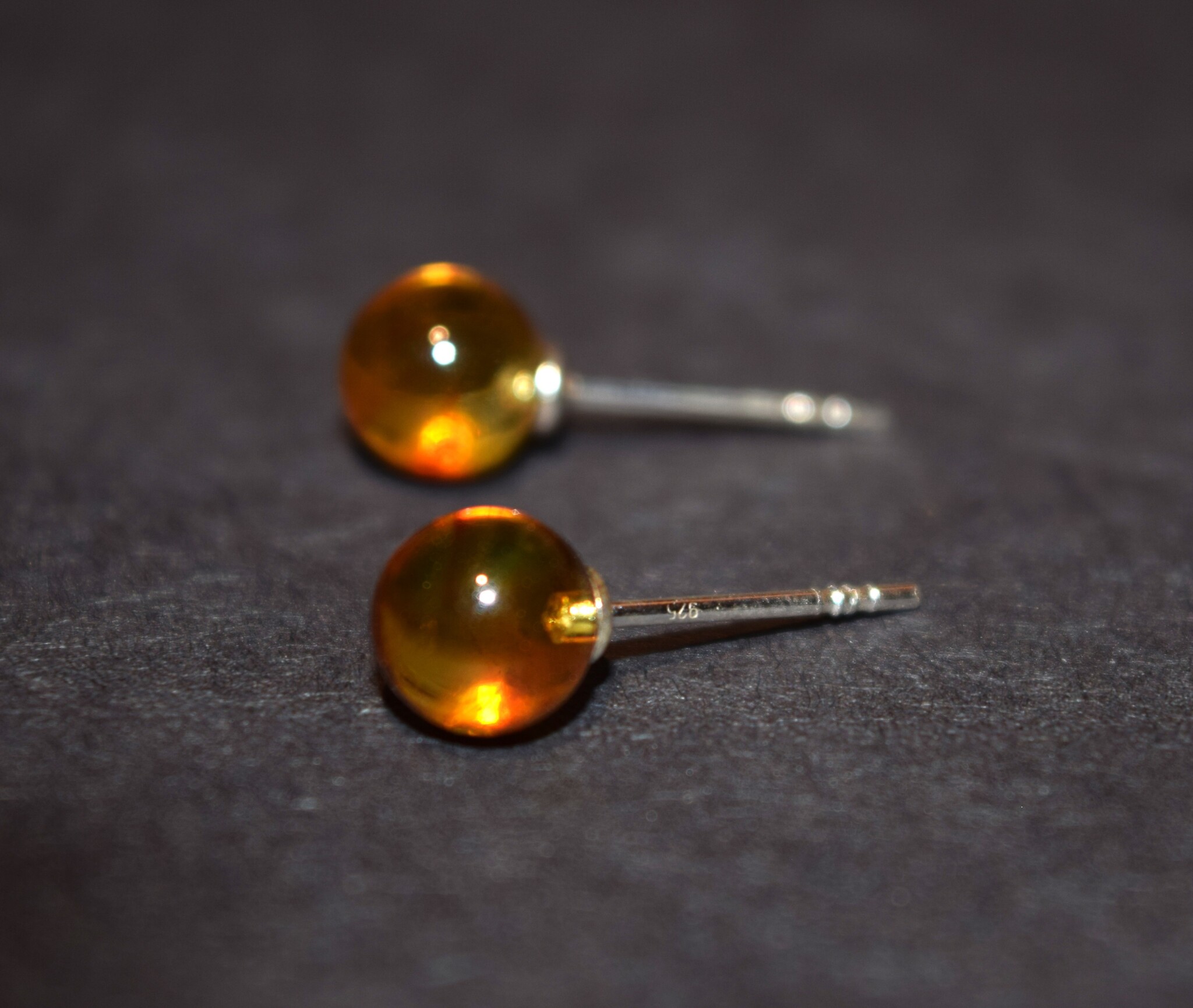 SS Amber Round Drilled Sphere 7mm Stud Earrings
