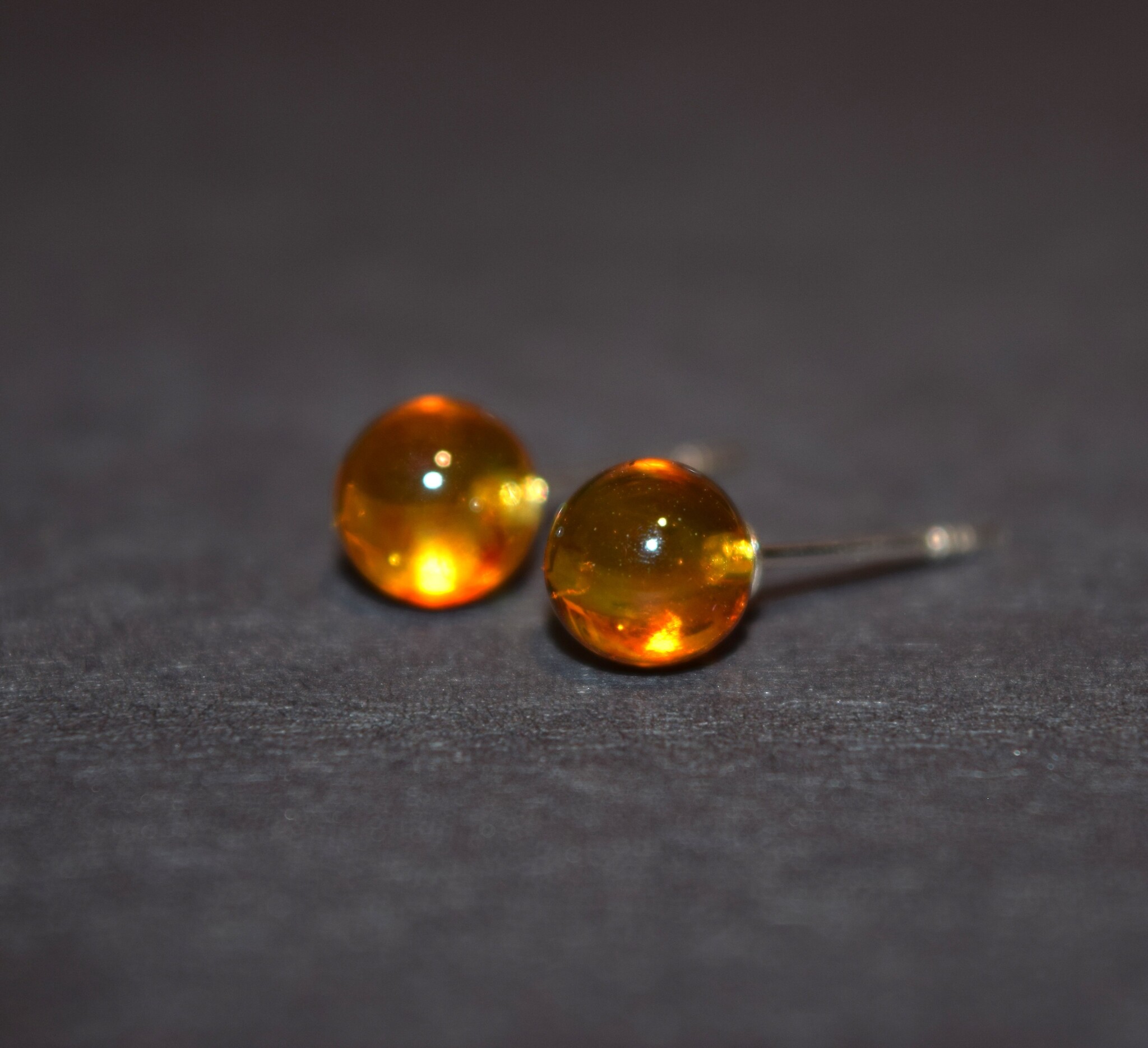 SS Amber Round Drilled Sphere 7mm Stud Earrings