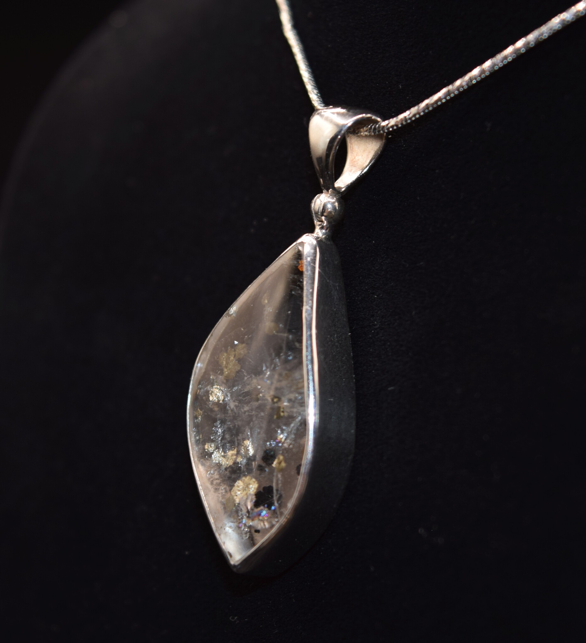 STB 001 SS Quartz + Pyrite Crystal Inclusions 17x33mm Flame Shaped Bezel Set Pendant With Hinged Bail