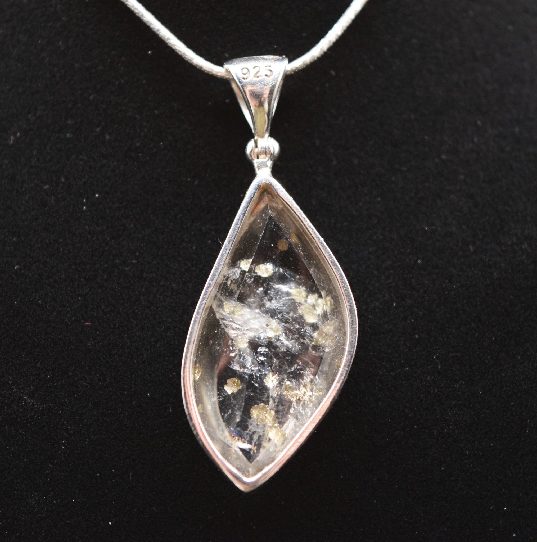STB 001 SS Quartz + Pyrite Crystal Inclusions 17x33mm Flame Shaped Bezel Set Pendant With Hinged Bail