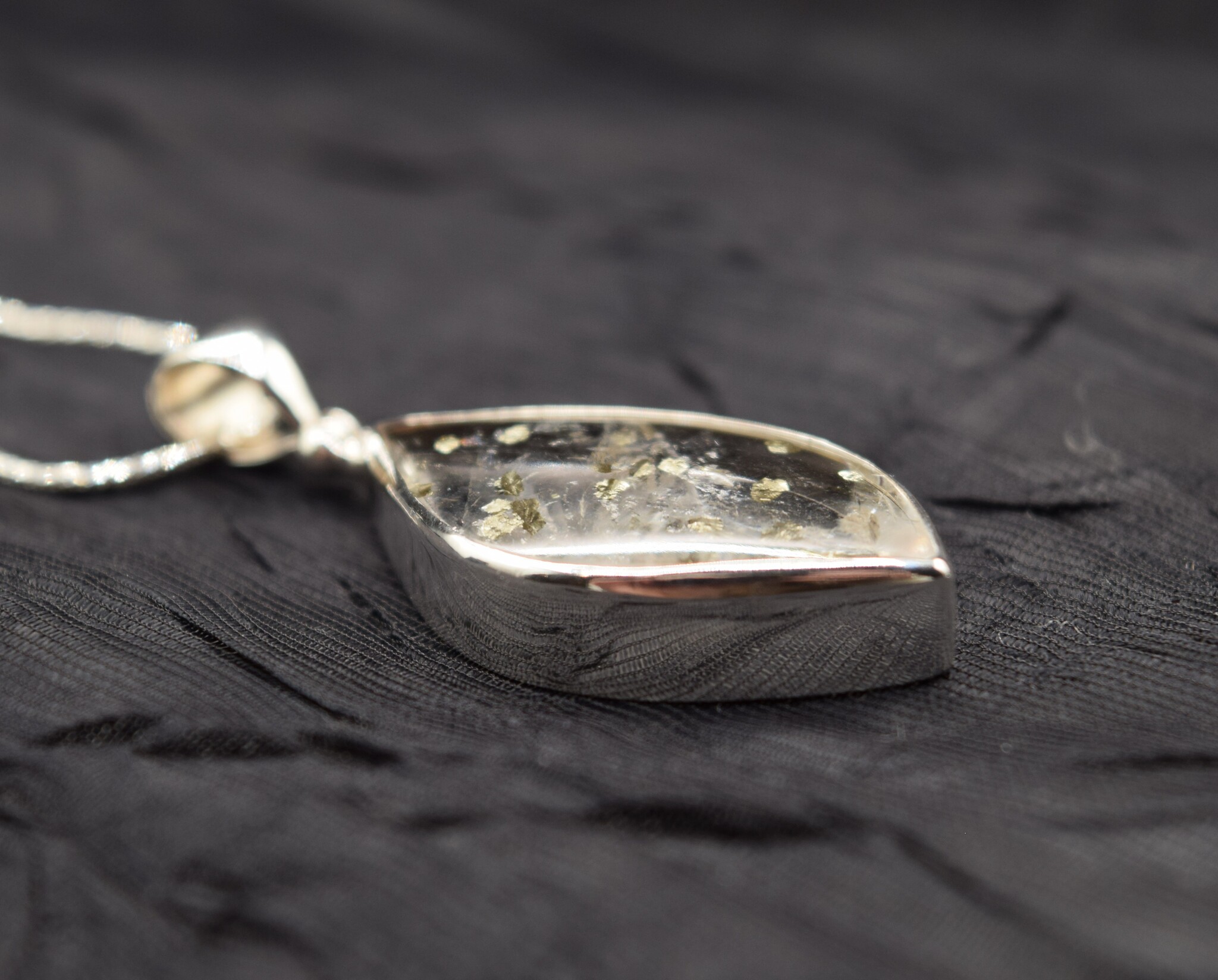 STB 001 SS Quartz + Pyrite Crystal Inclusions 17x33mm Flame Shaped Bezel Set Pendant With Hinged Bail