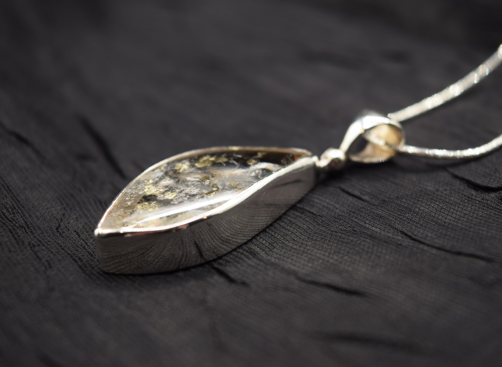 STB 001 SS Quartz + Pyrite Crystal Inclusions 17x33mm Flame Shaped Bezel Set Pendant With Hinged Bail