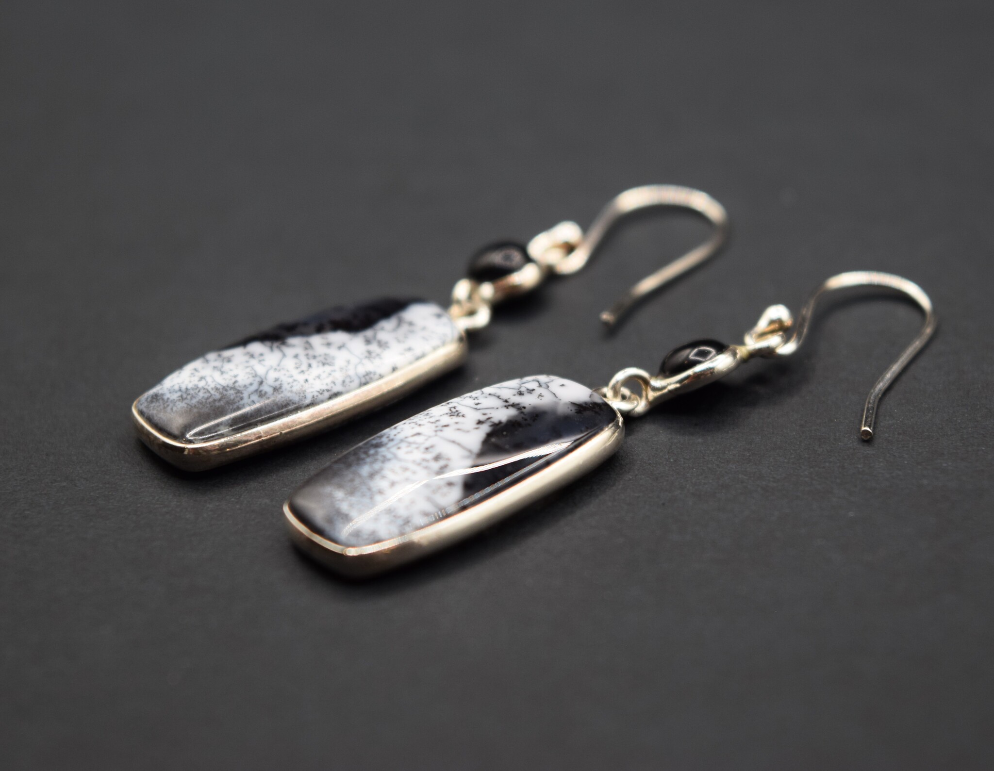 SS Dendritic Agate Rectangular 11x23mm Cabochon Bezel Set Dangle Earrings With 5mm Round Black  Onyx Accent