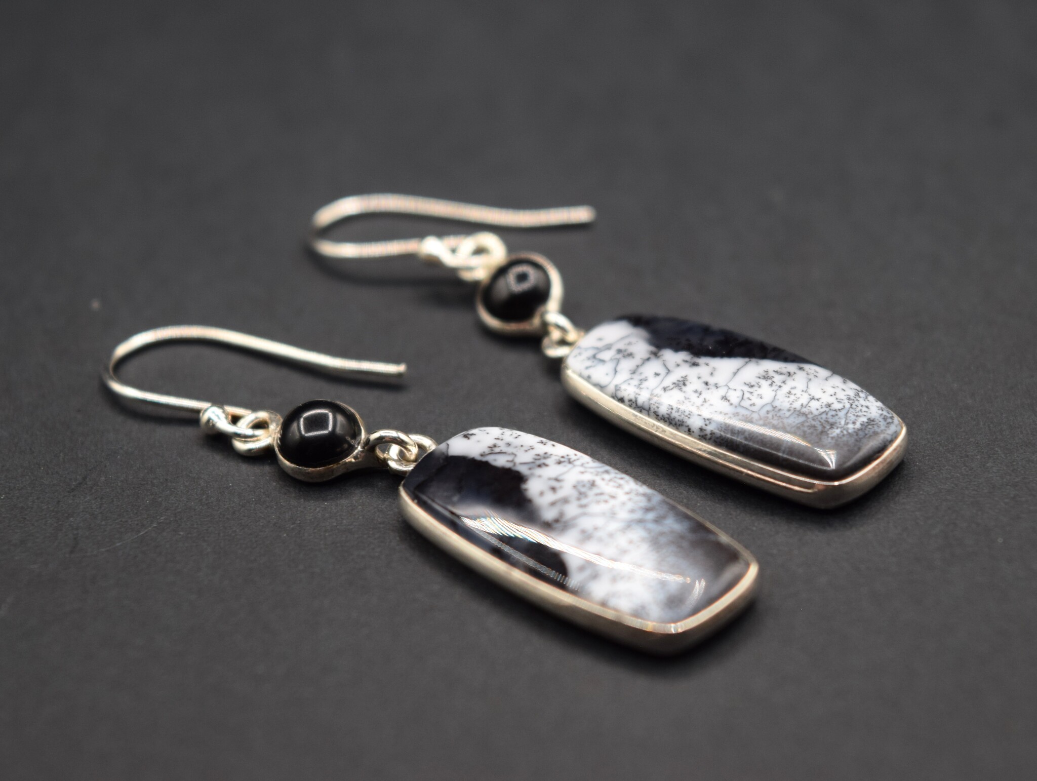 SS Dendritic Agate Rectangular 11x23mm Cabochon Bezel Set Dangle Earrings With 5mm Round Black  Onyx Accent