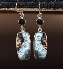 Dendritic Agate 23mm Rectangular & Onyx  5mm Round Dangle Earrings
