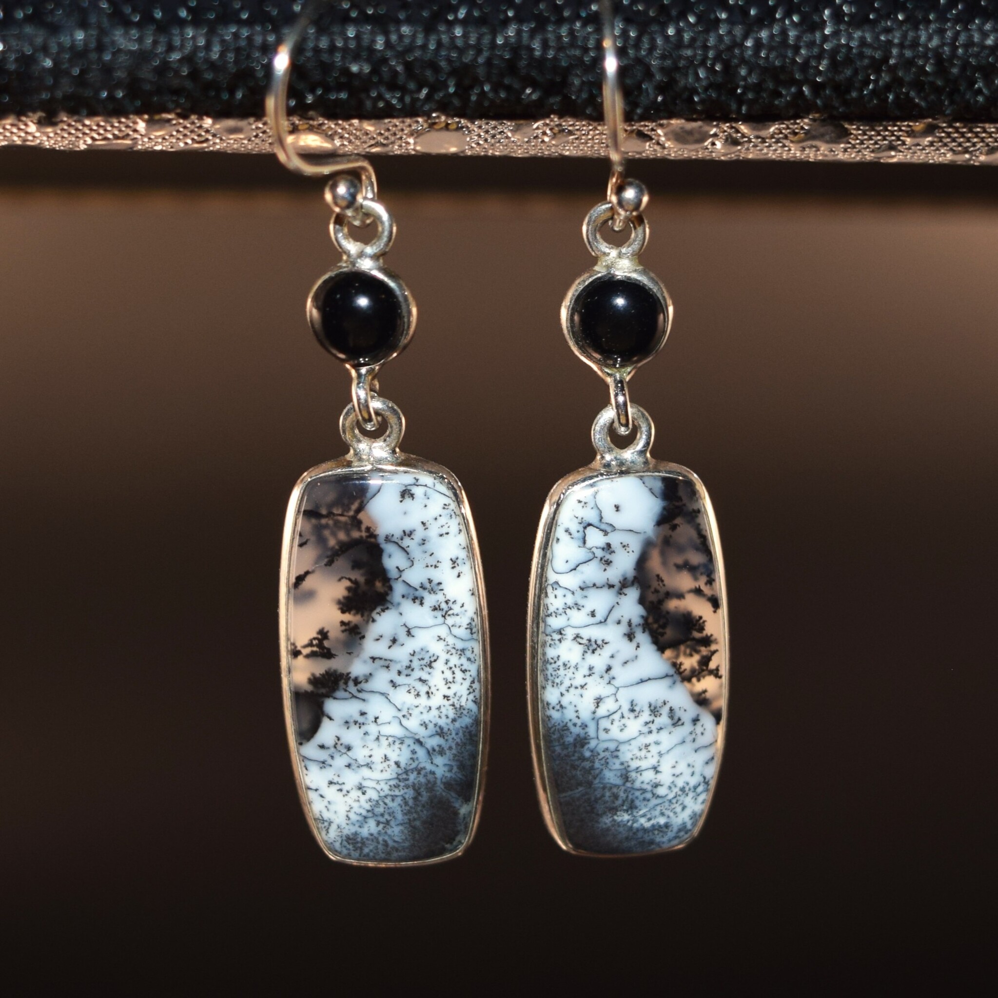 SS Dendritic Agate Rectangular 11x23mm Cabochon Bezel Set Dangle Earrings With 5mm Round Black  Onyx Accent