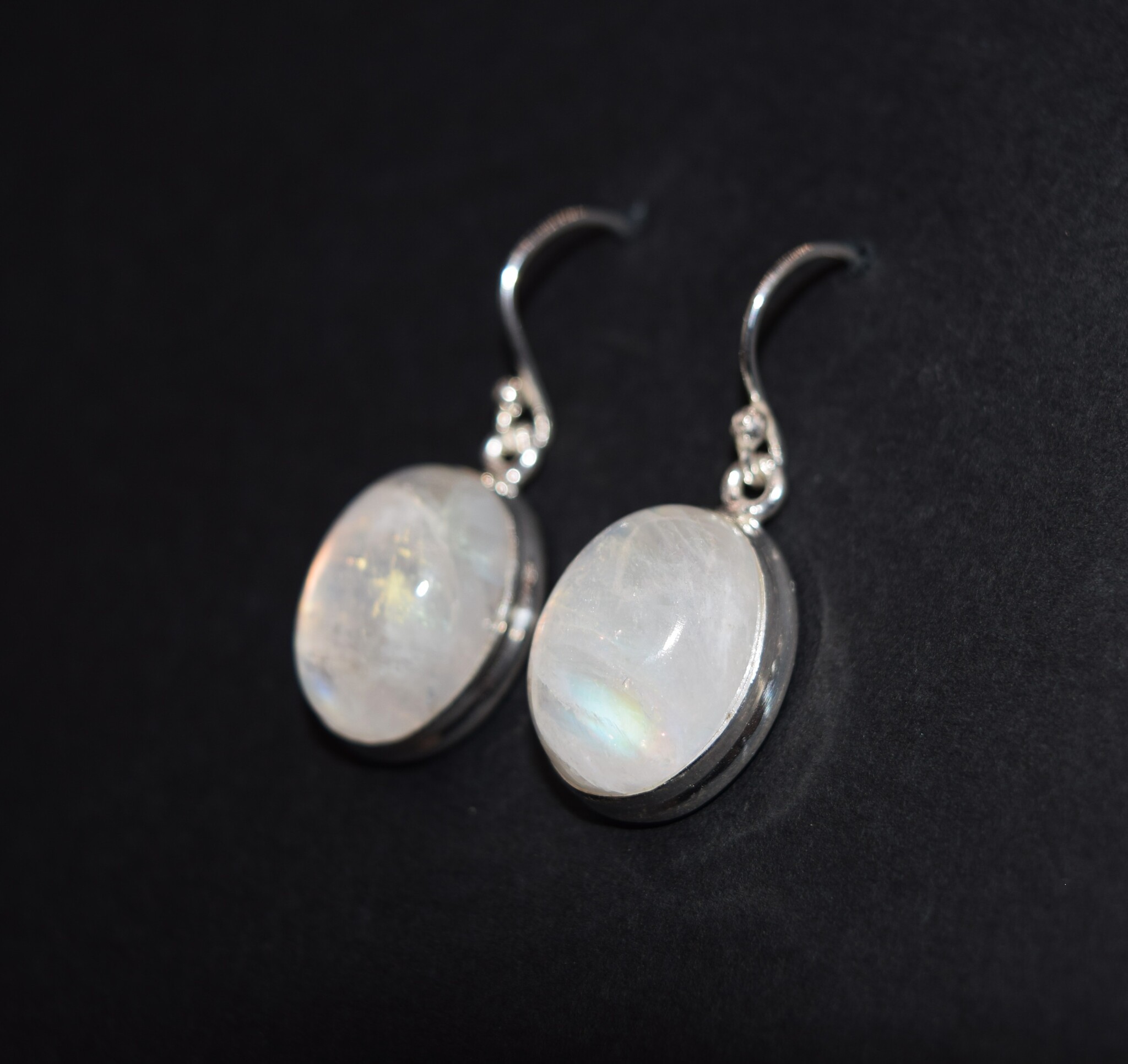 BLB 066 SS Rainbow Moonstone 13x16mm Oval Cabochon Bezel Set Dangle earrings