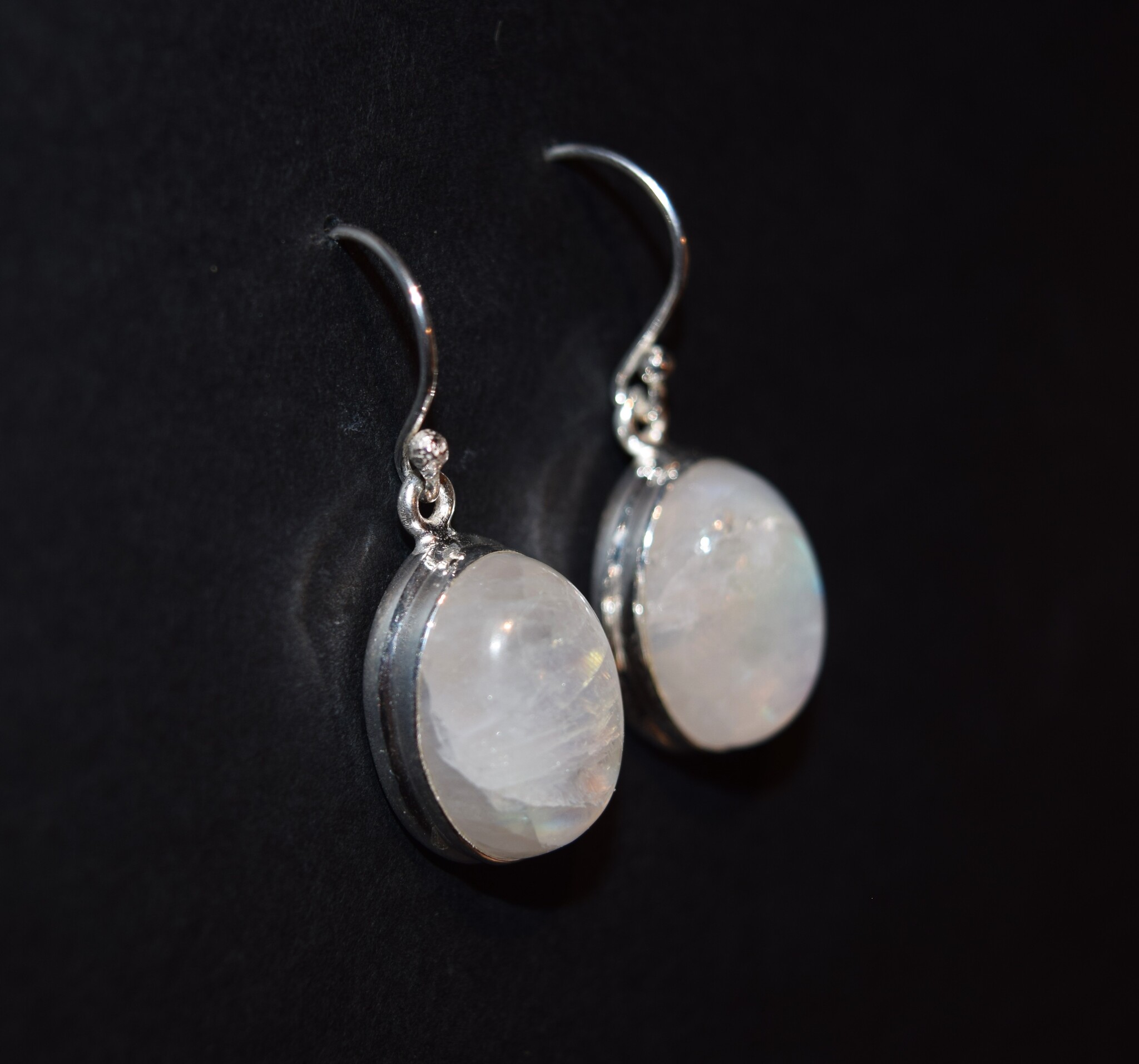 BLB 066 SS Rainbow Moonstone 13x16mm Oval Cabochon Bezel Set Dangle earrings