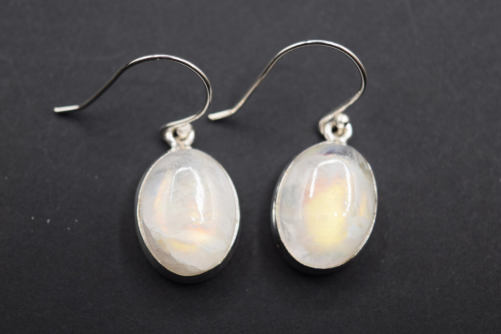 BLB 066 SS Rainbow Moonstone 13x16mm Oval Cabochon Bezel Set Dangle earrings