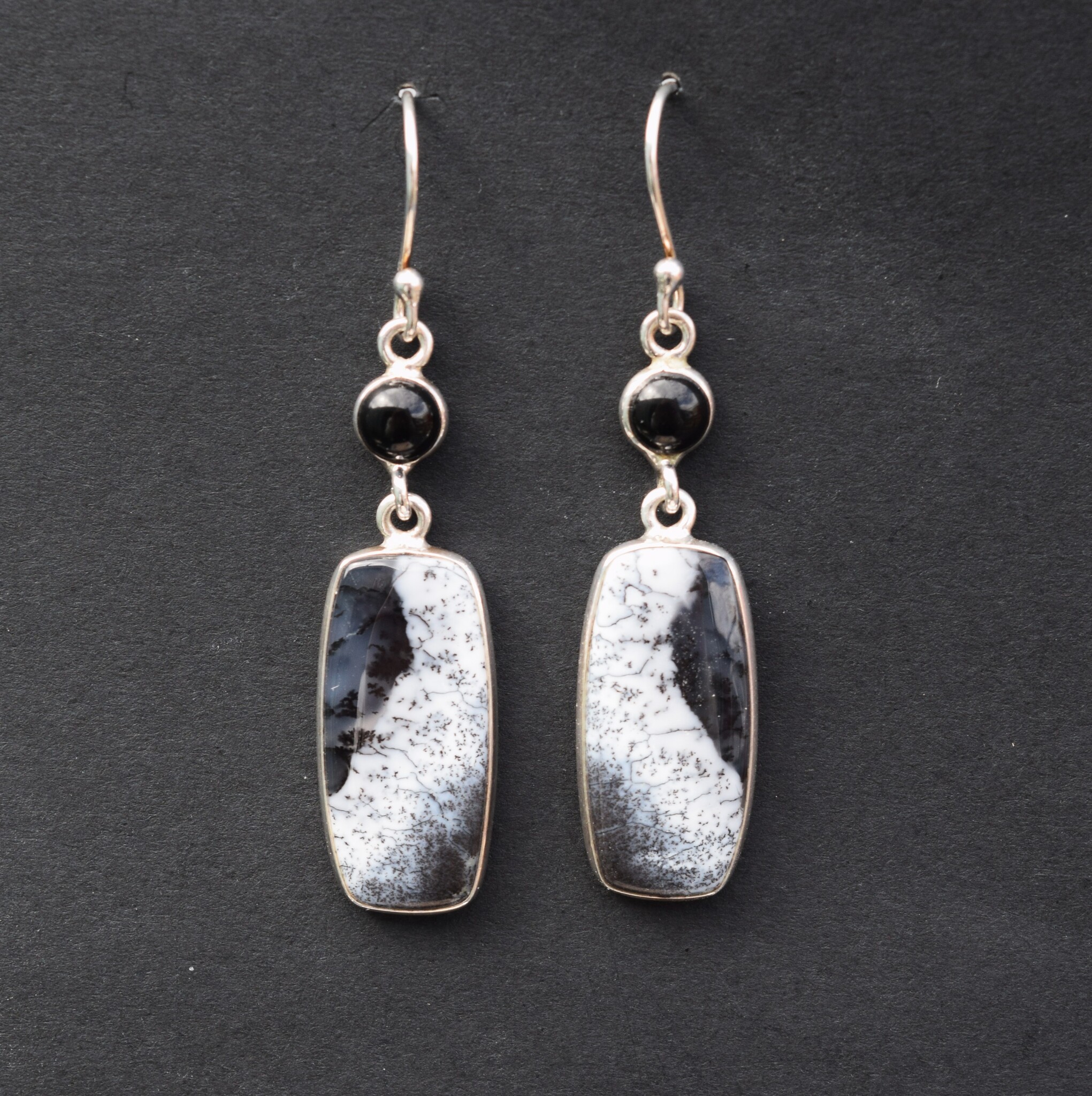 SS Dendritic Agate Rectangular 11x23mm Cabochon Bezel Set Dangle Earrings With 5mm Round Black  Onyx Accent