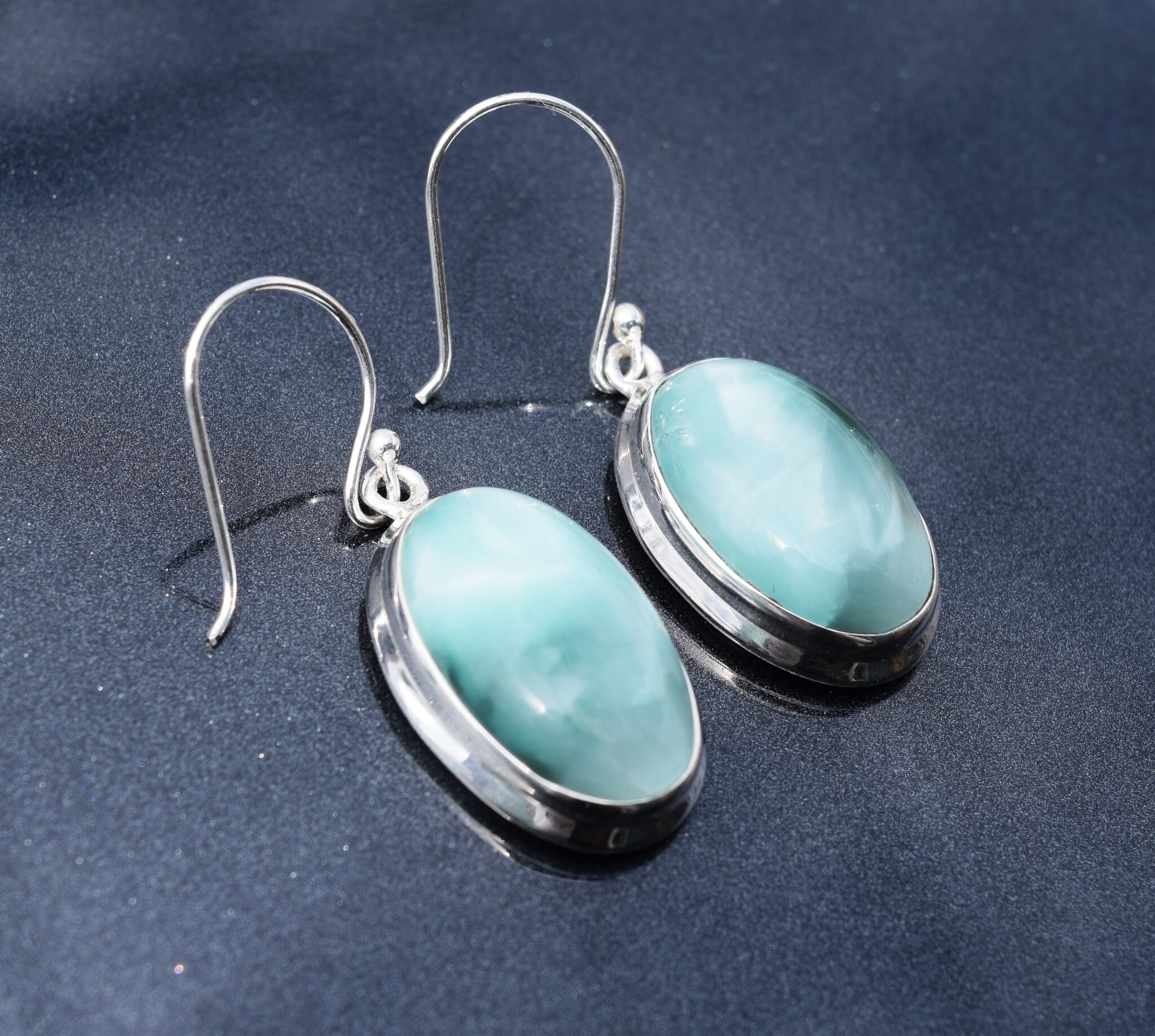 BLB 066 SS Hemimorphite 22mm Oval Bezel Set Dangle Earrings