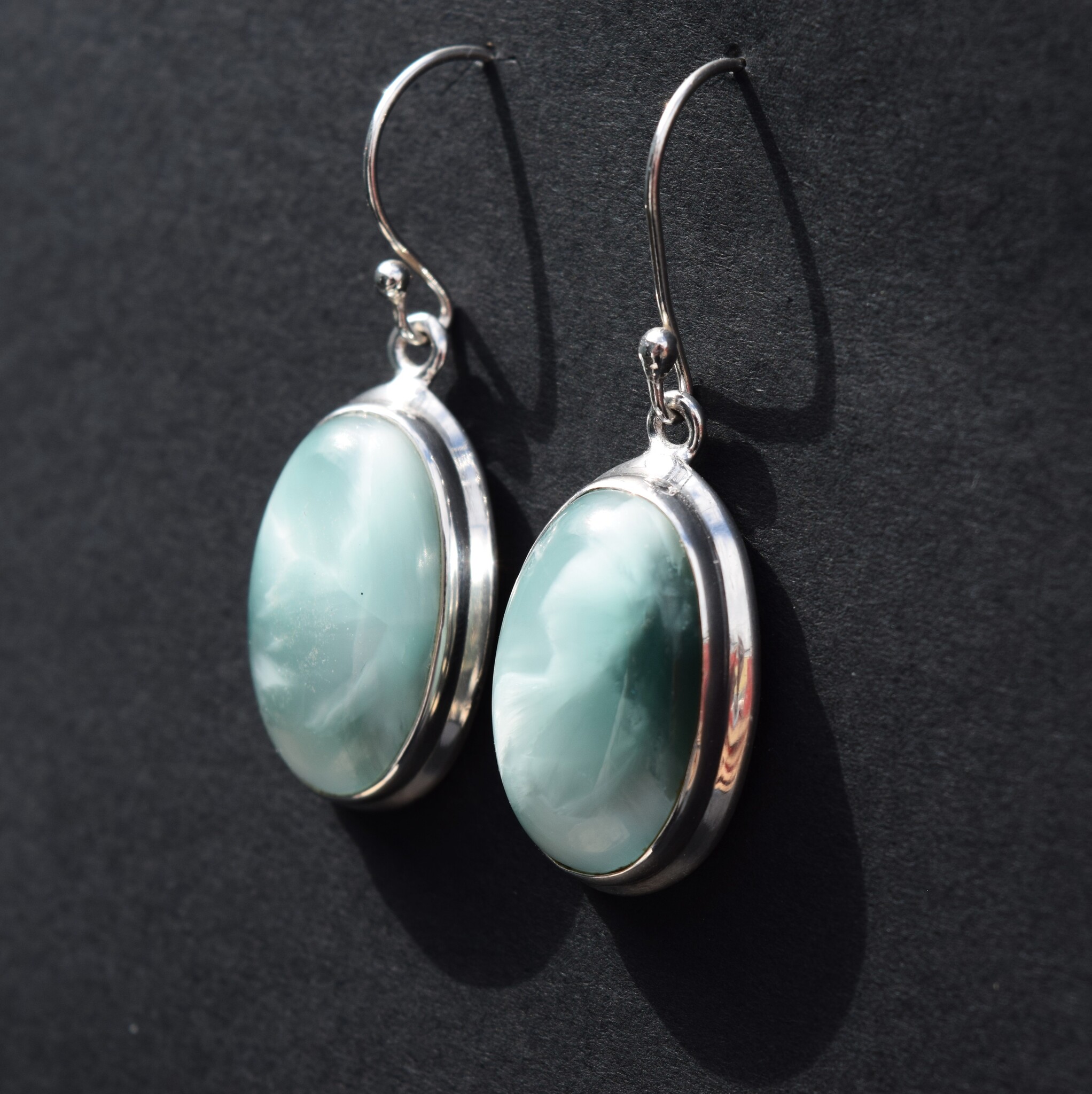 BLB 066 SS Hemimorphite 22mm Oval Bezel Set Dangle Earrings