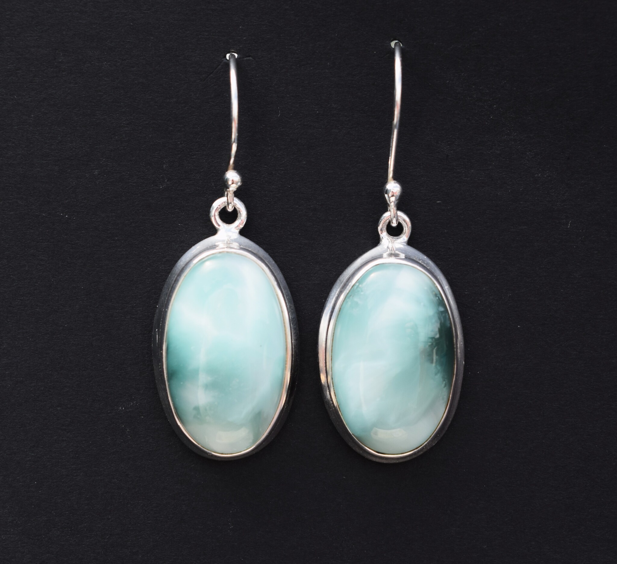 BLB 066 SS Hemimorphite 22mm Oval Bezel Set Dangle Earrings
