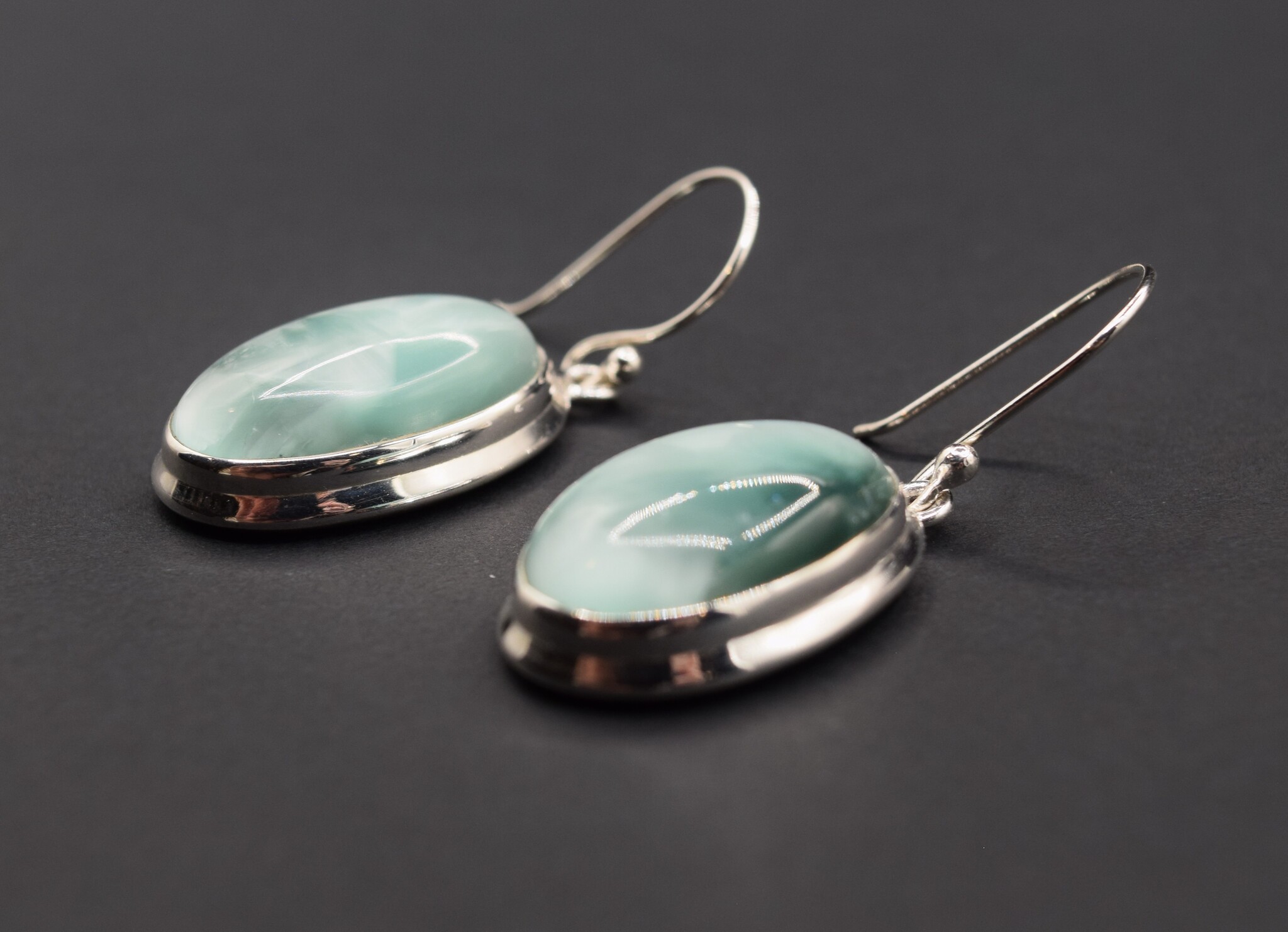 BLB 066 SS Hemimorphite 22mm Oval Bezel Set Dangle Earrings