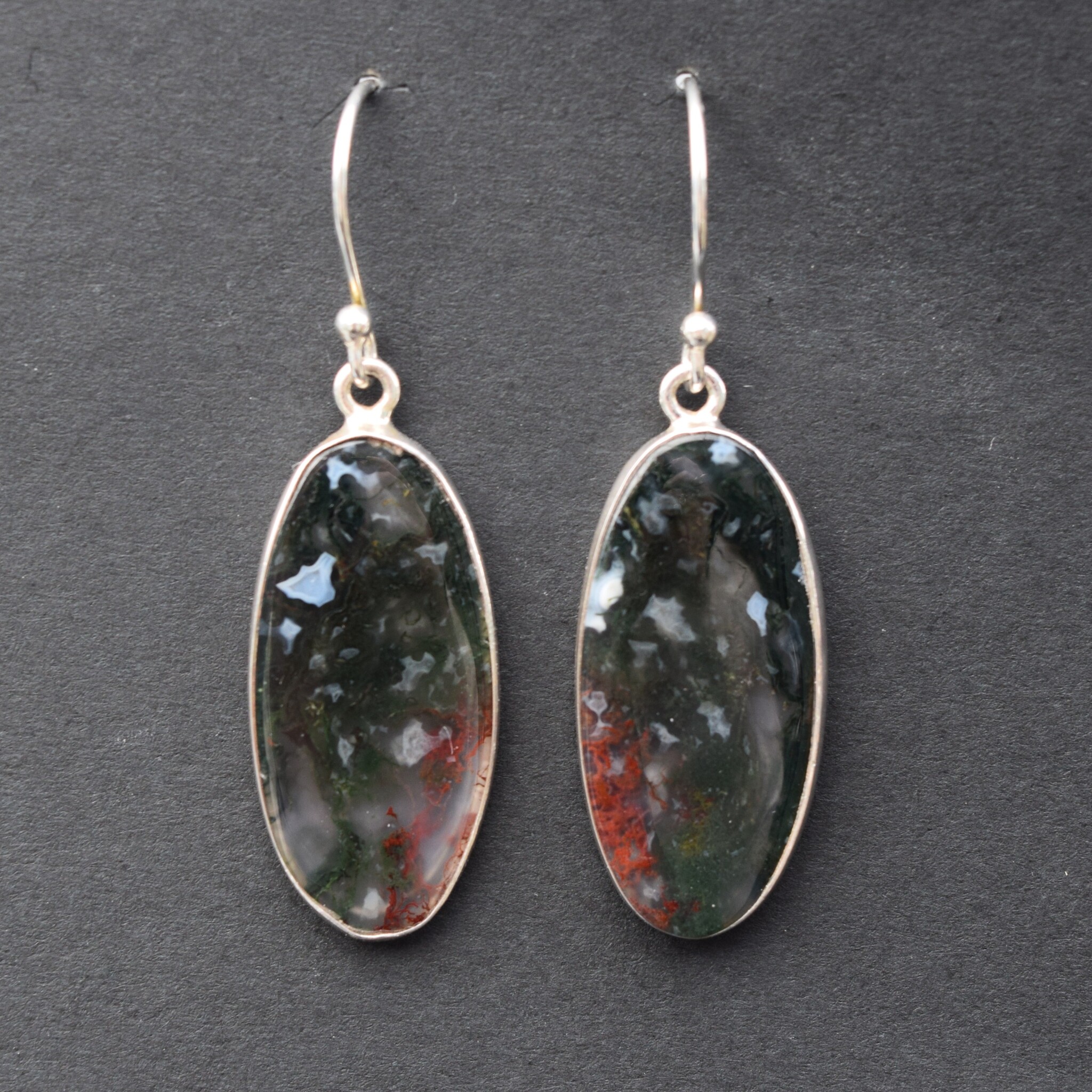 SS Moss Agate Oval Cabochon 13x27mm Bezel Set Dangle Earrings