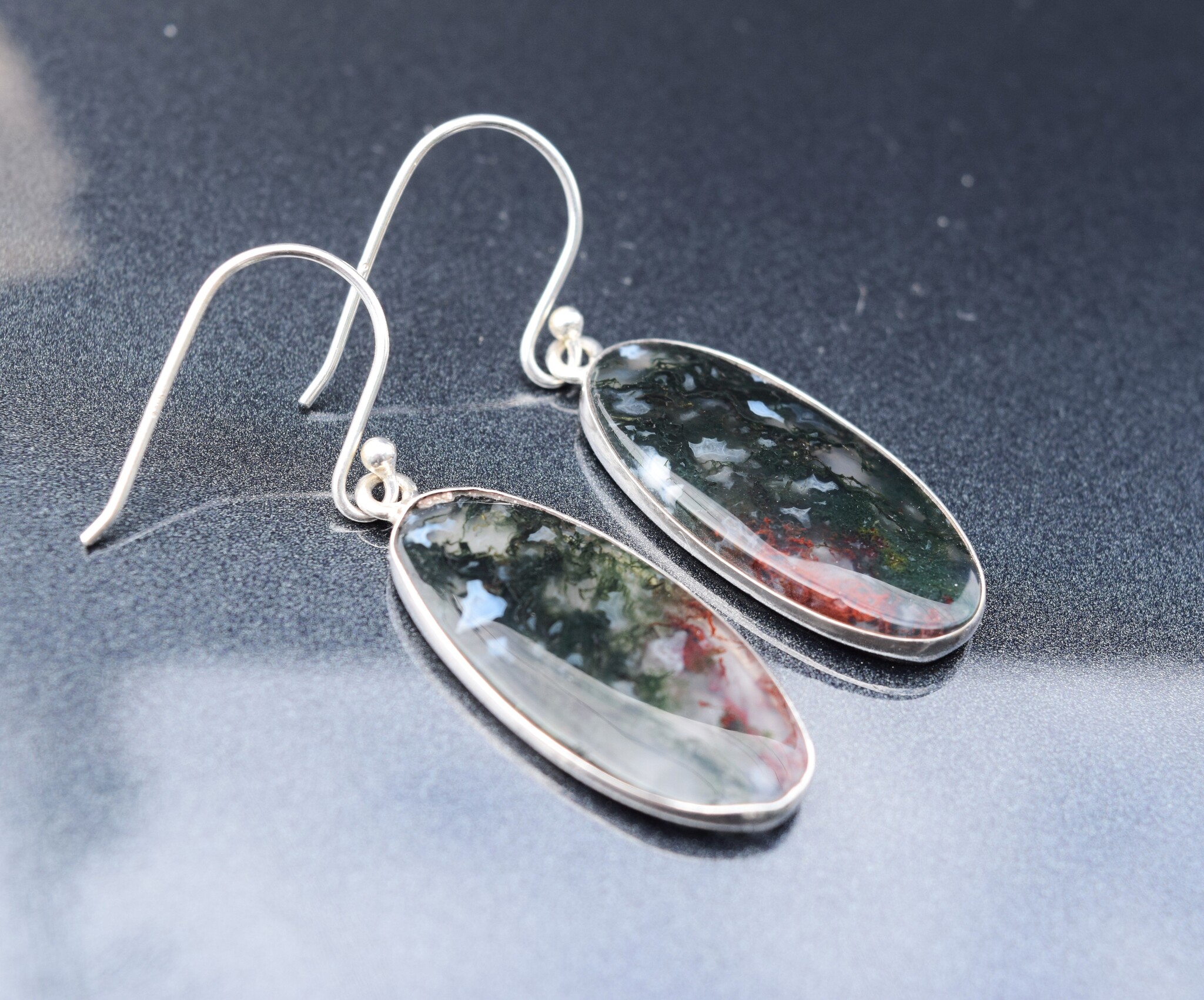 SS Moss Agate Oval Cabochon 13x27mm Bezel Set Dangle Earrings