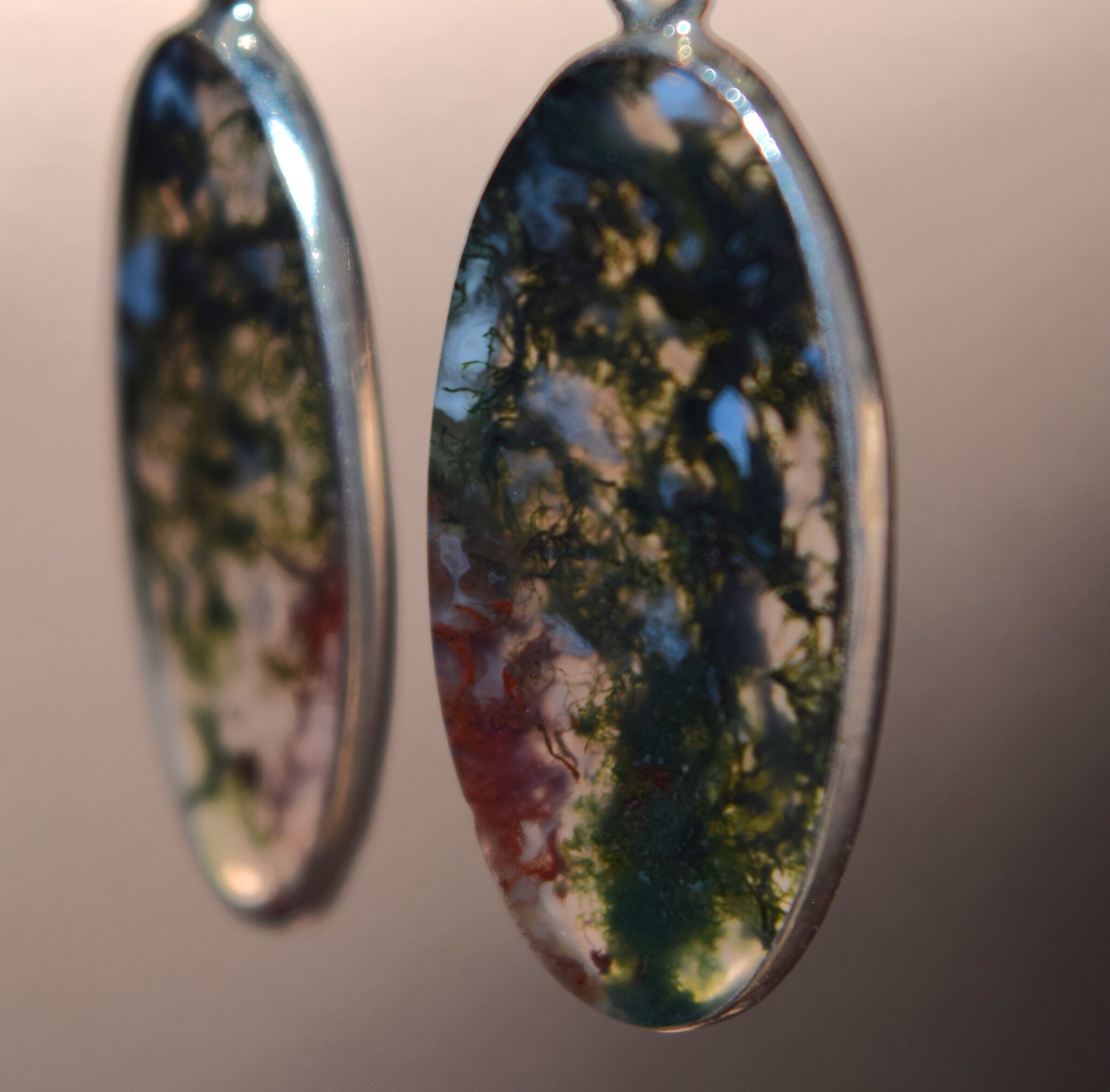 SS Moss Agate Oval Cabochon 13x27mm Bezel Set Dangle Earrings