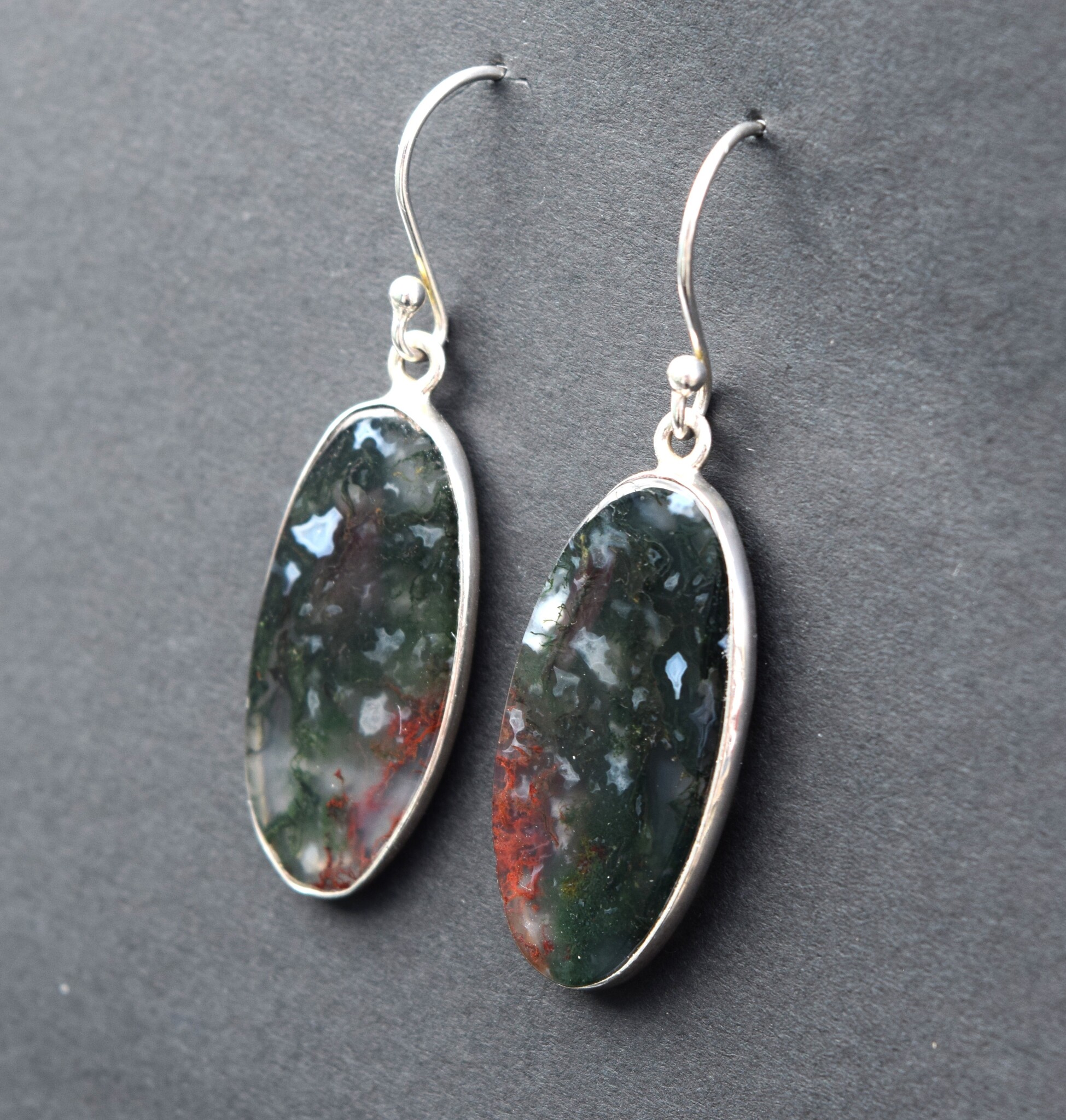 SS Moss Agate Oval Cabochon 13x27mm Bezel Set Dangle Earrings