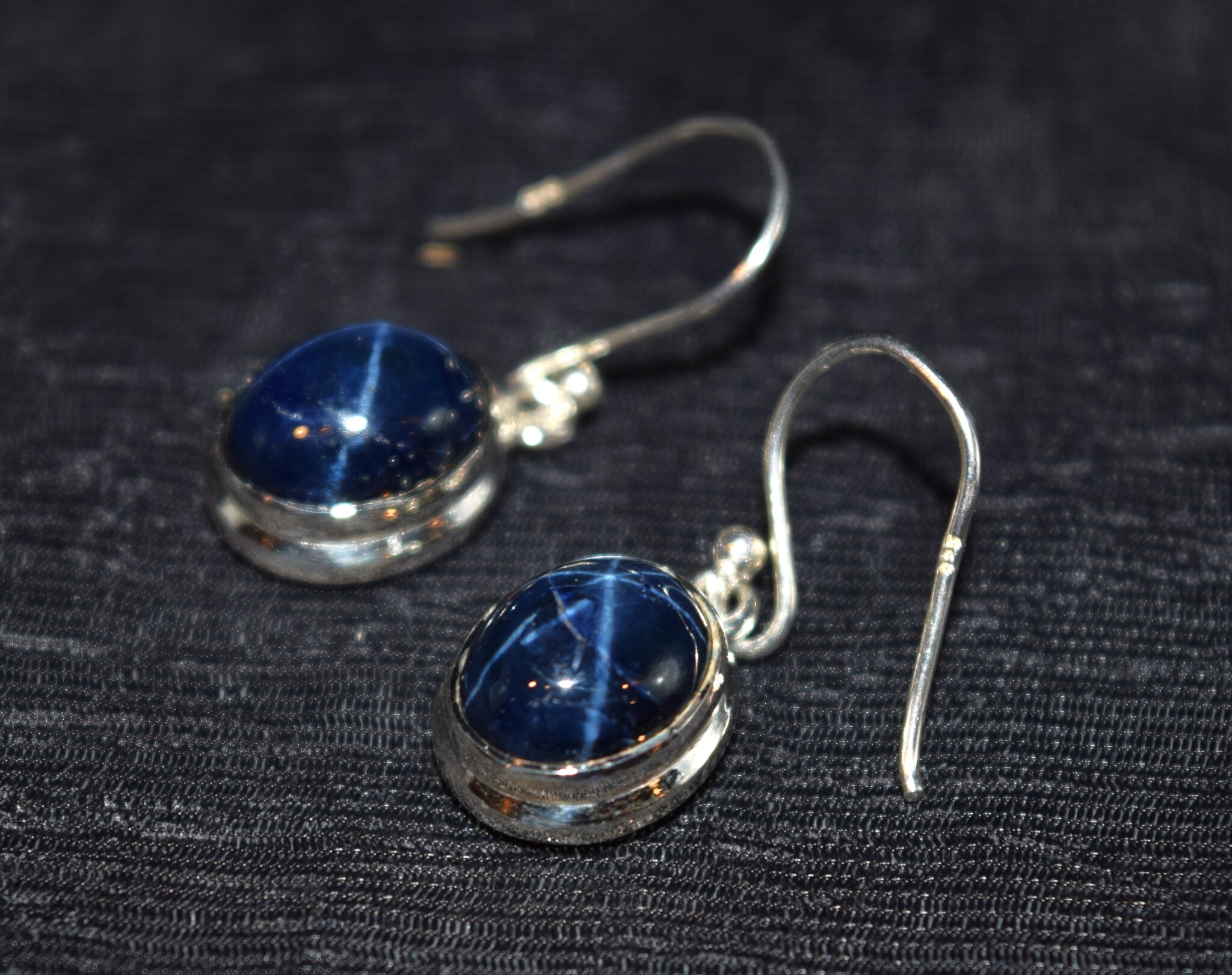 GXF SS Enhanced Blue Star Sapphire 10mm Round Dangle Earrings