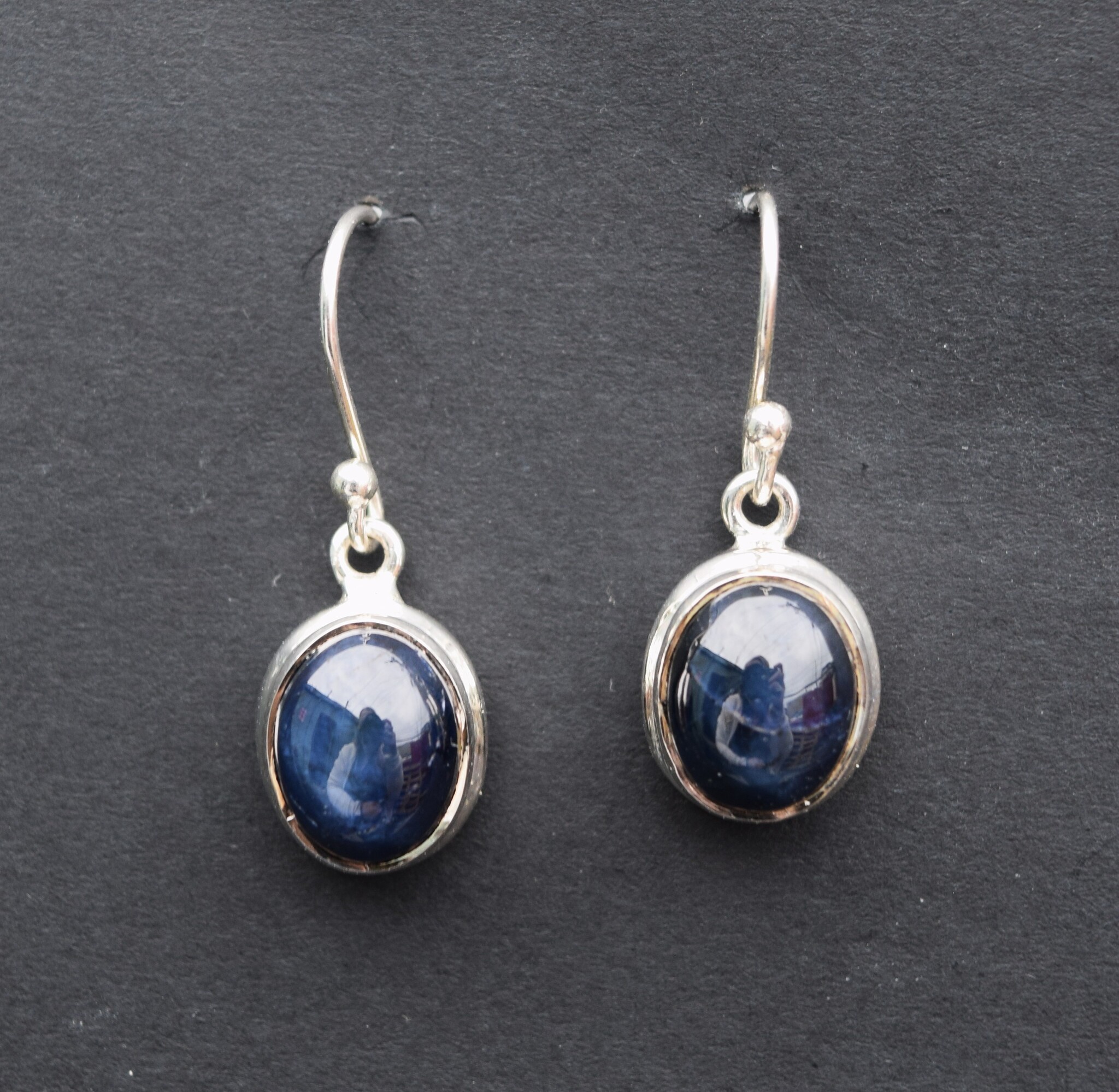 GXF SS Enhanced Blue Star Sapphire 10mm Round Dangle Earrings