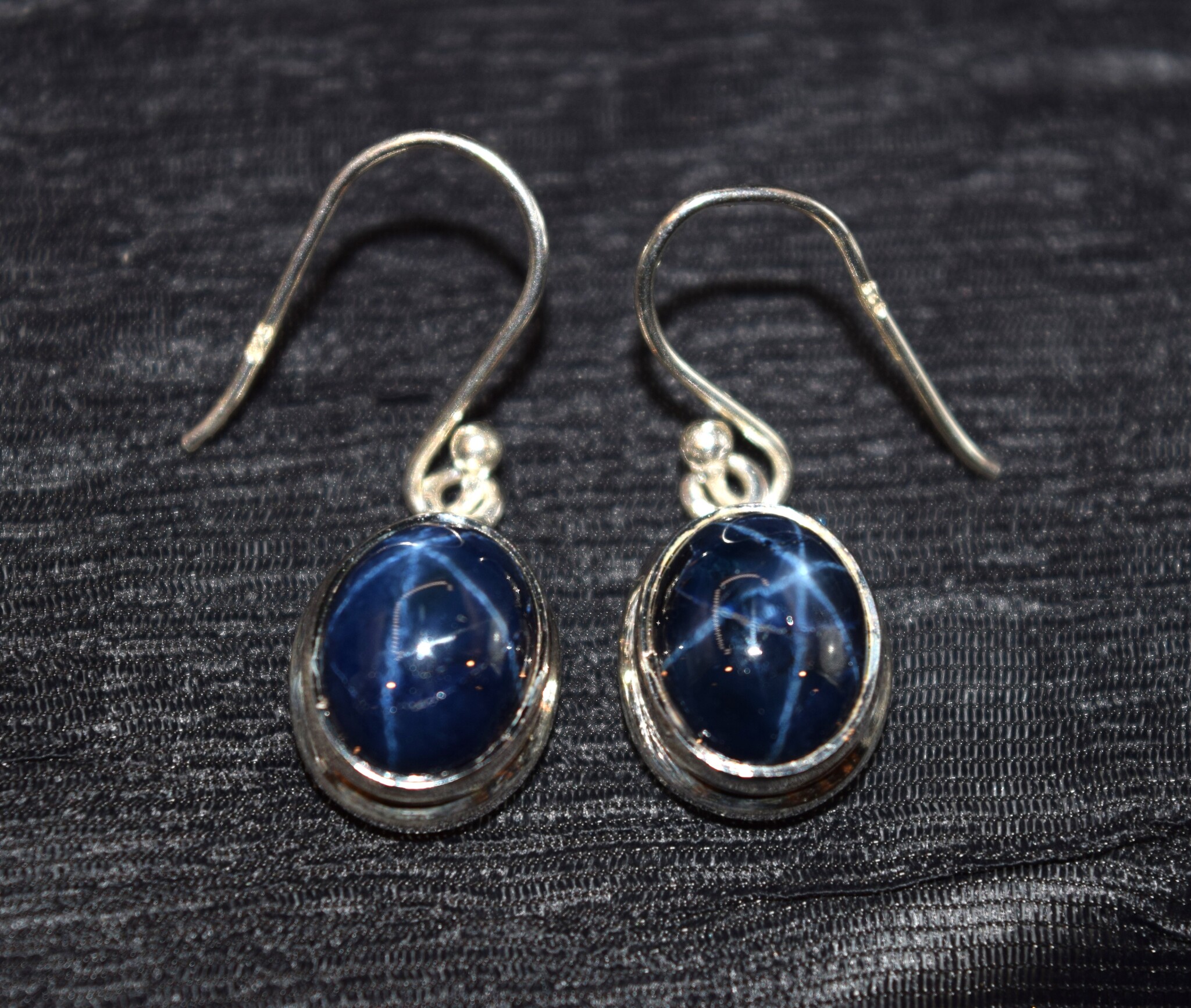GXF SS Enhanced Blue Star Sapphire 10mm Round Dangle Earrings