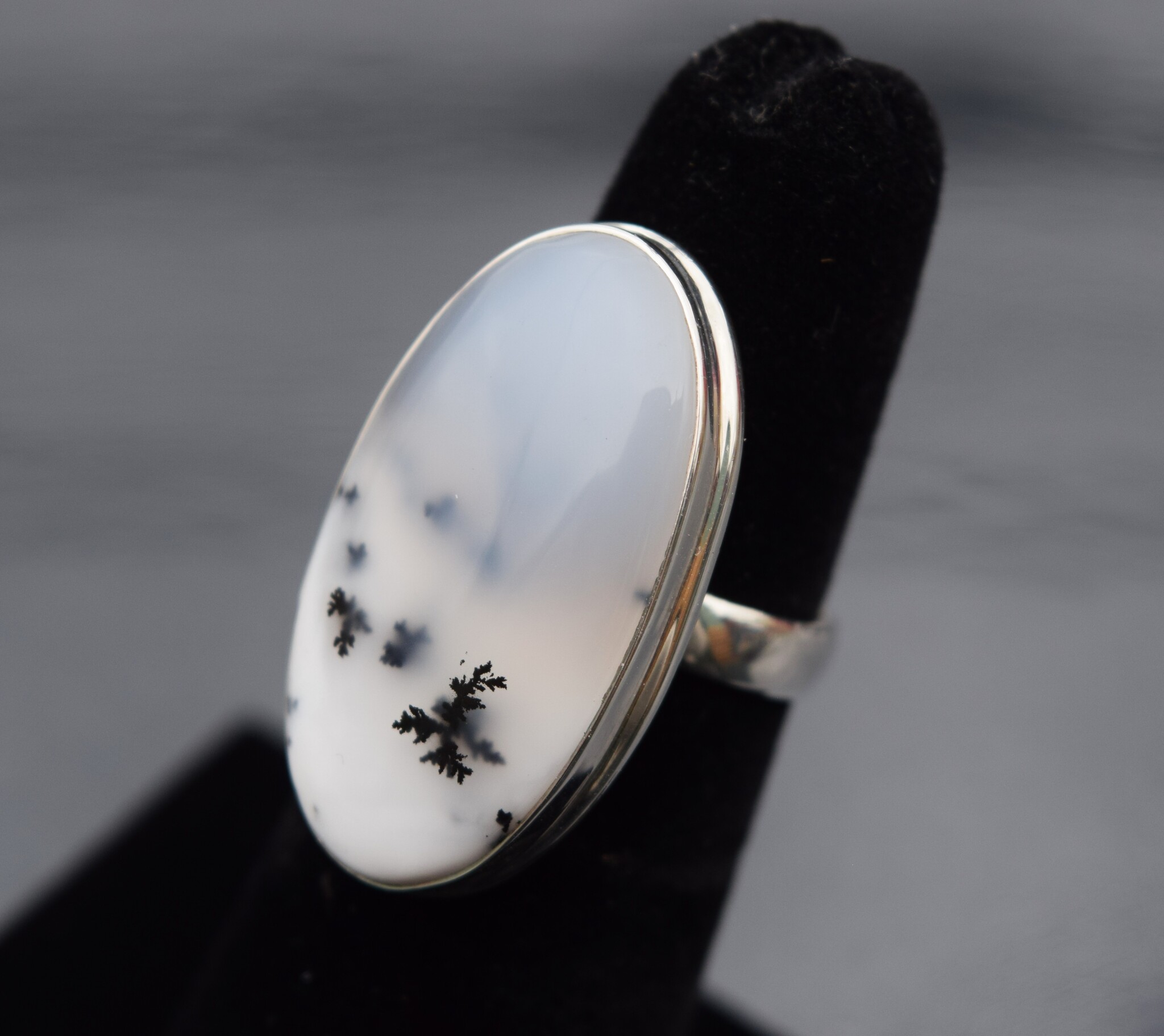 SS Dendritic Agate 27mm Oval Bezel Set Ring Size 5
