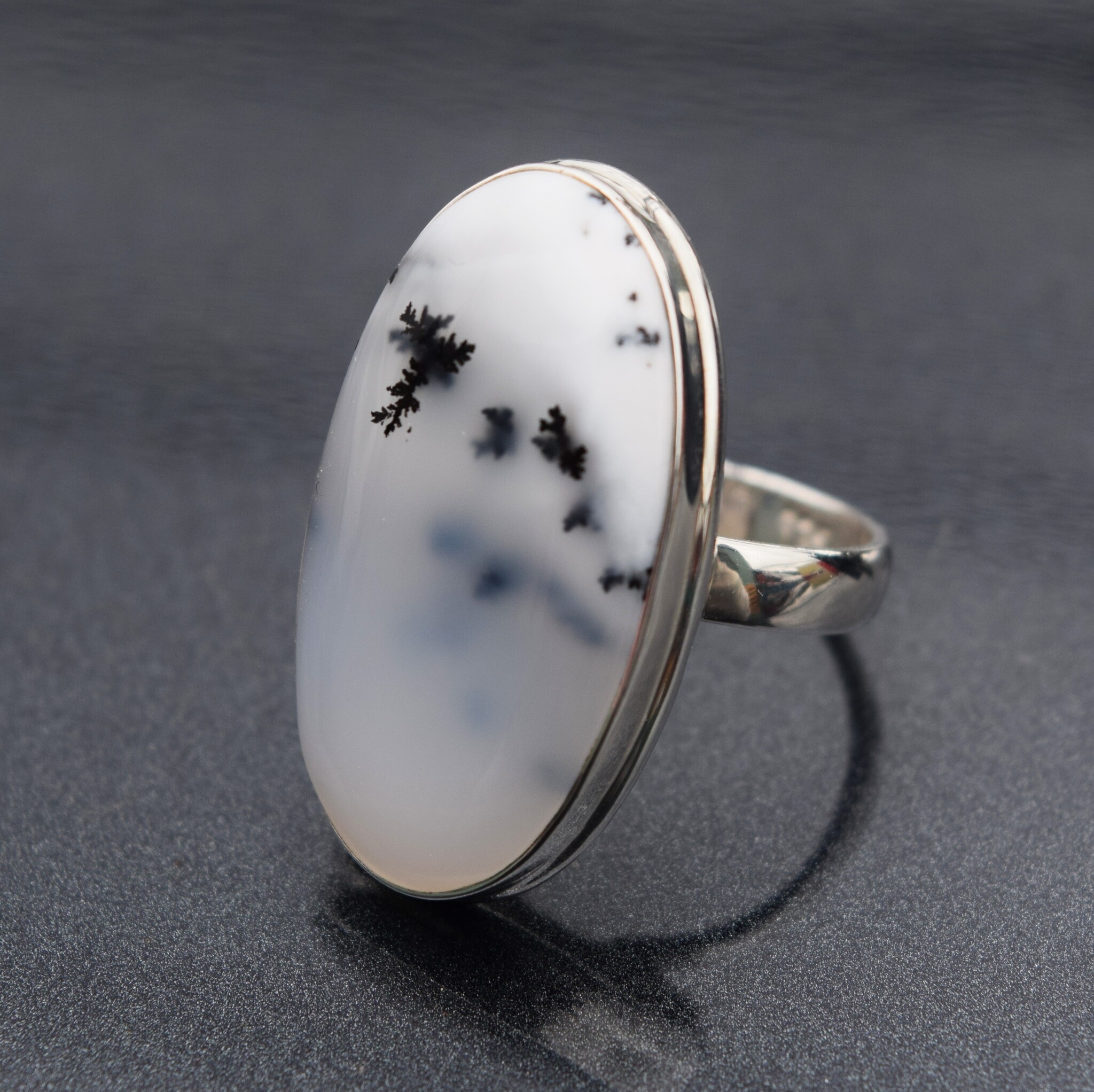 SS Dendritic Agate 27mm Oval Bezel Set Ring Size 5
