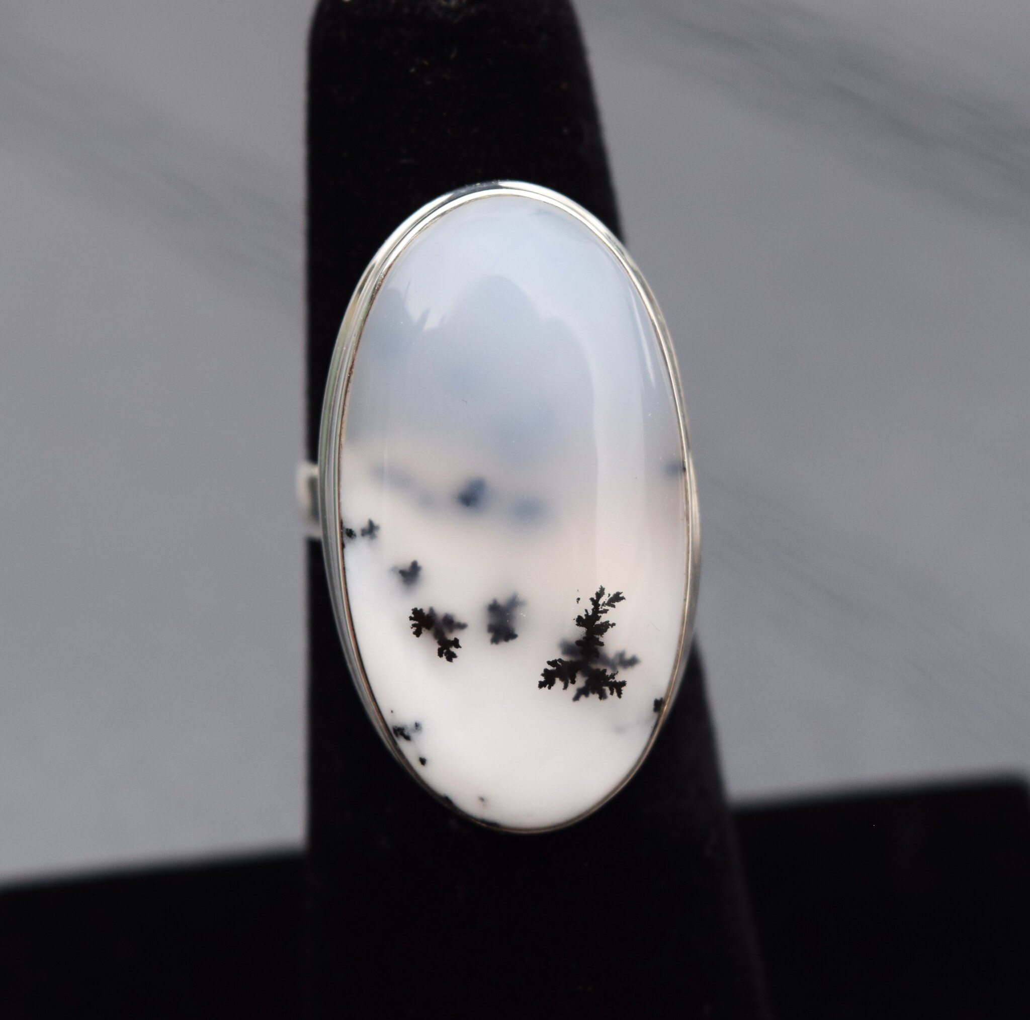 SS Dendritic Agate 27mm Oval Bezel Set Ring Size 5