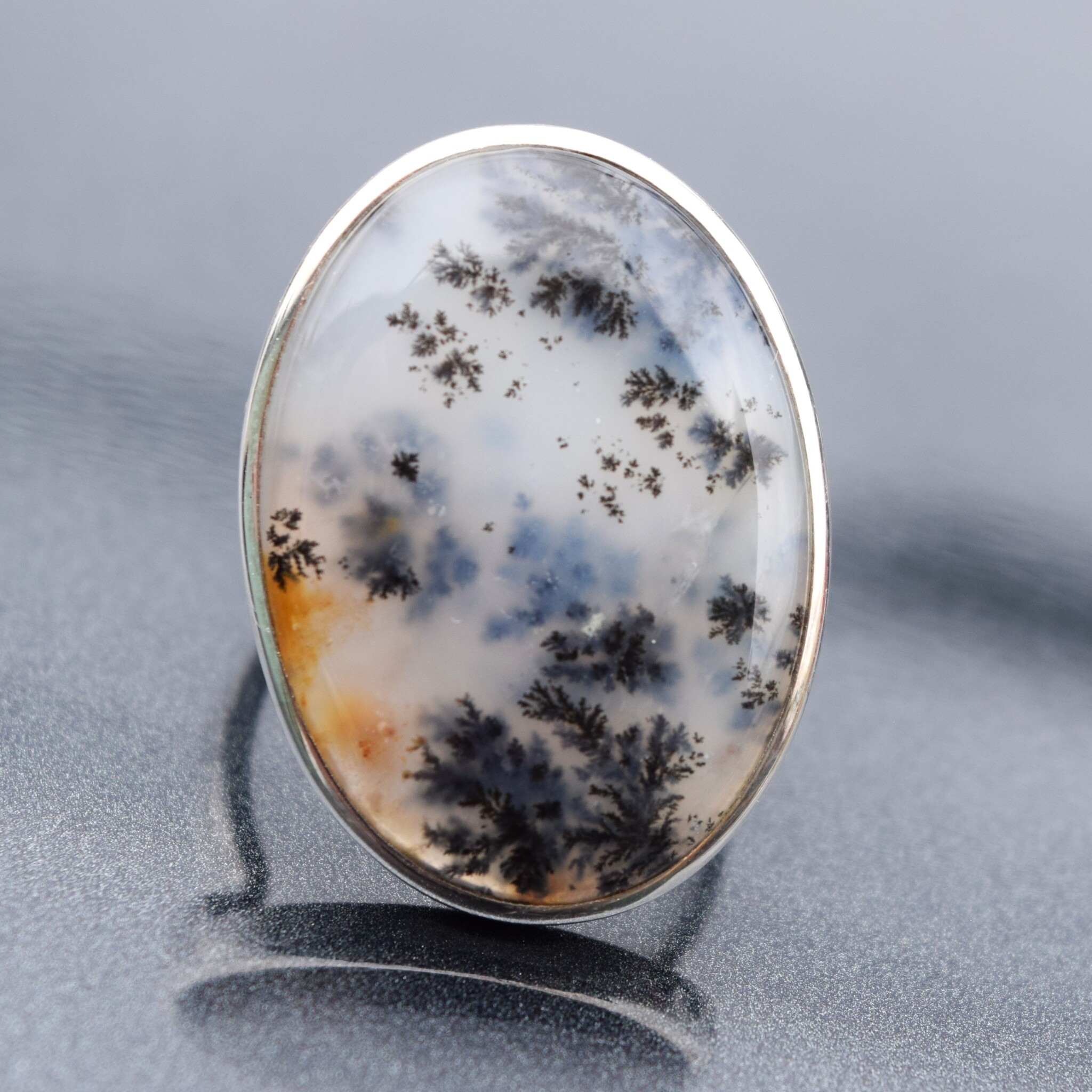 VIT 005 SS Montana Agate 28mm Oval Cab Bezel Set Ring Size 7