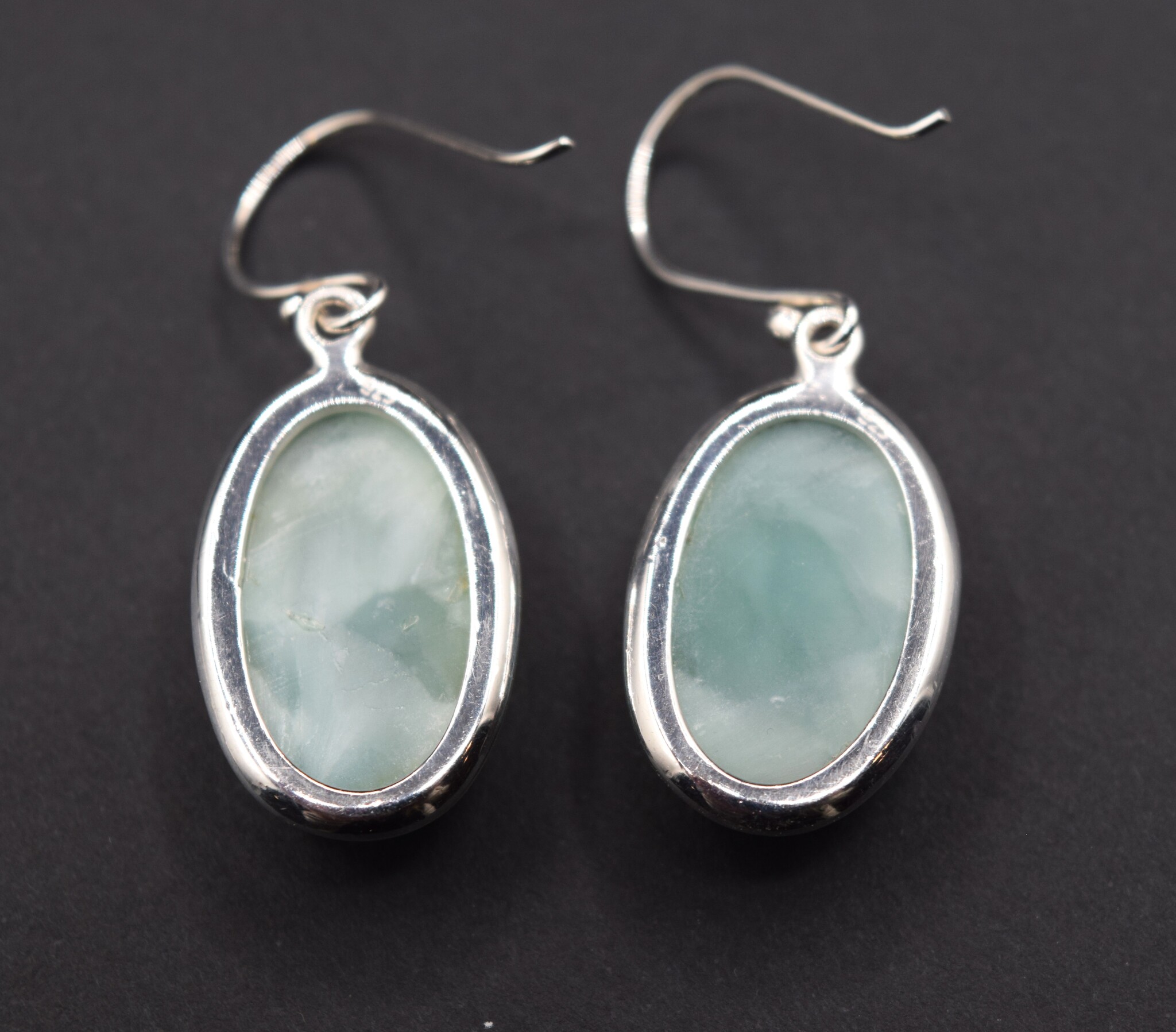 BLB 066 SS Hemimorphite 22mm Oval Bezel Set Dangle Earrings