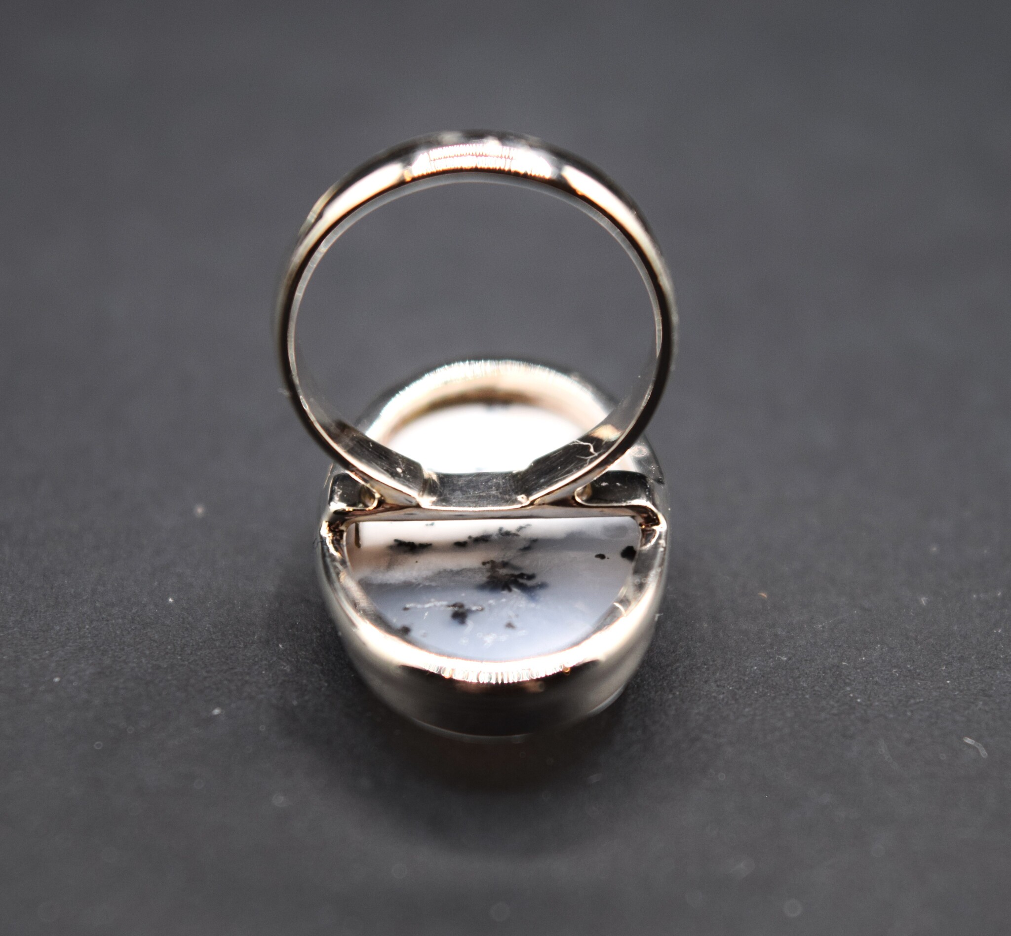 SS Dendritic Agate 27mm Oval Bezel Set Ring Size 5