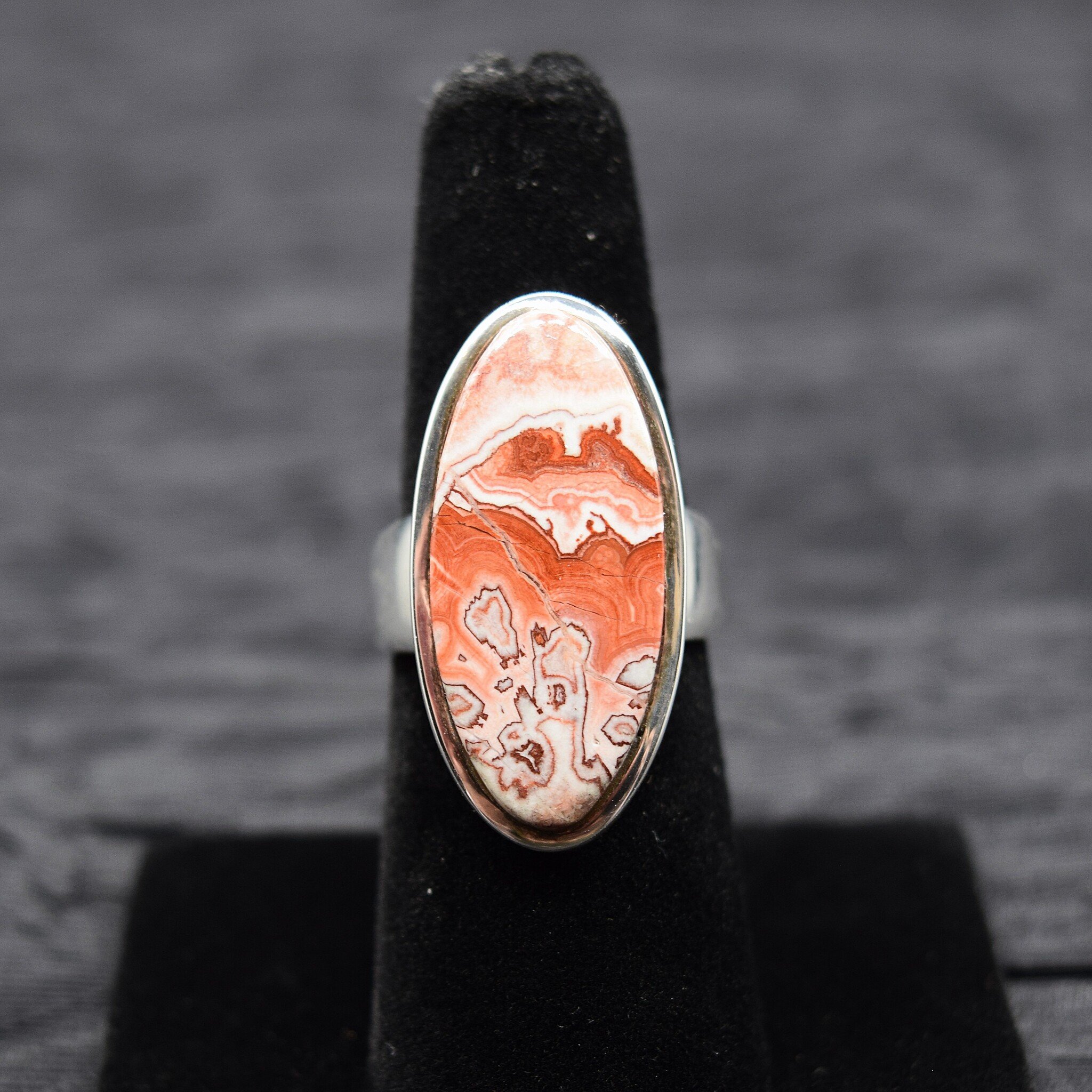 SS Mexican Crazy Lace Agate 25mm Oval Cab Bezel Set Ring Size 6
