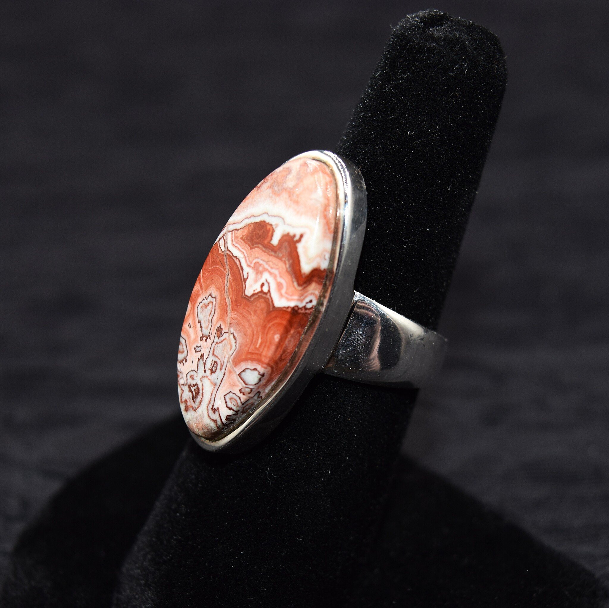 SS Mexican Crazy Lace Agate 25mm Oval Cab Bezel Set Ring Size 6