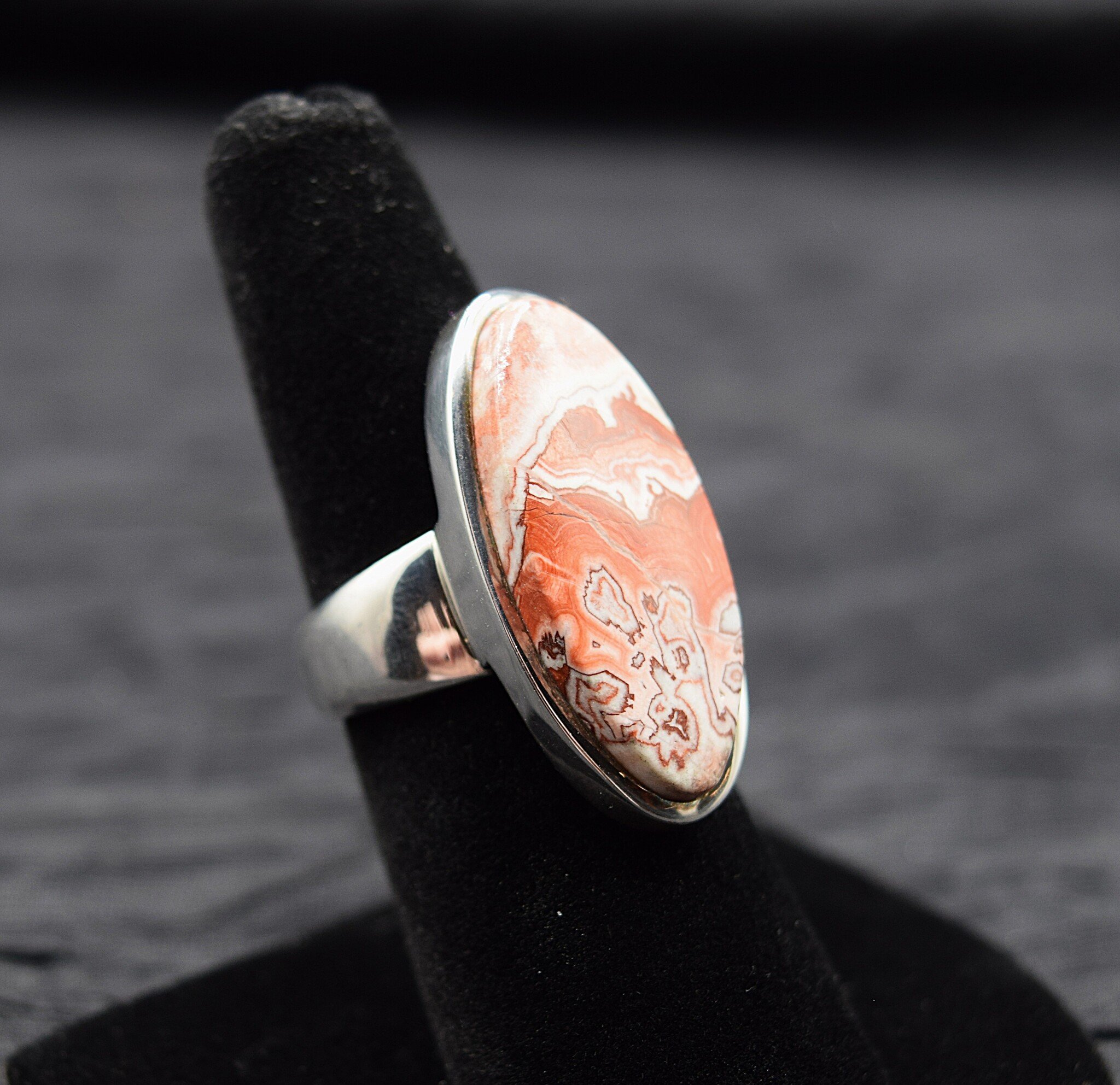 SS Mexican Crazy Lace Agate 25mm Oval Cab Bezel Set Ring Size 6